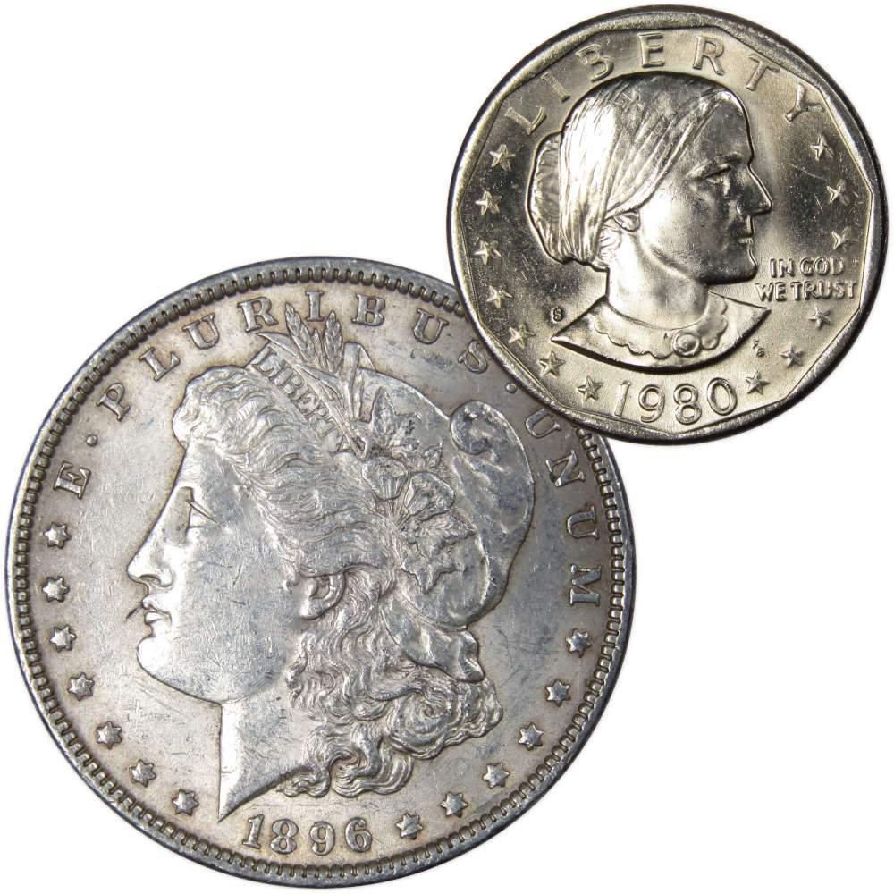 1896 Morgan Dollar AU About Uncirculated with 1980 S SBA$ BU Uncirculated - Morgan coin - Morgan silver dollar - Morgan silver dollar for sale - Profile Coins & Collectibles