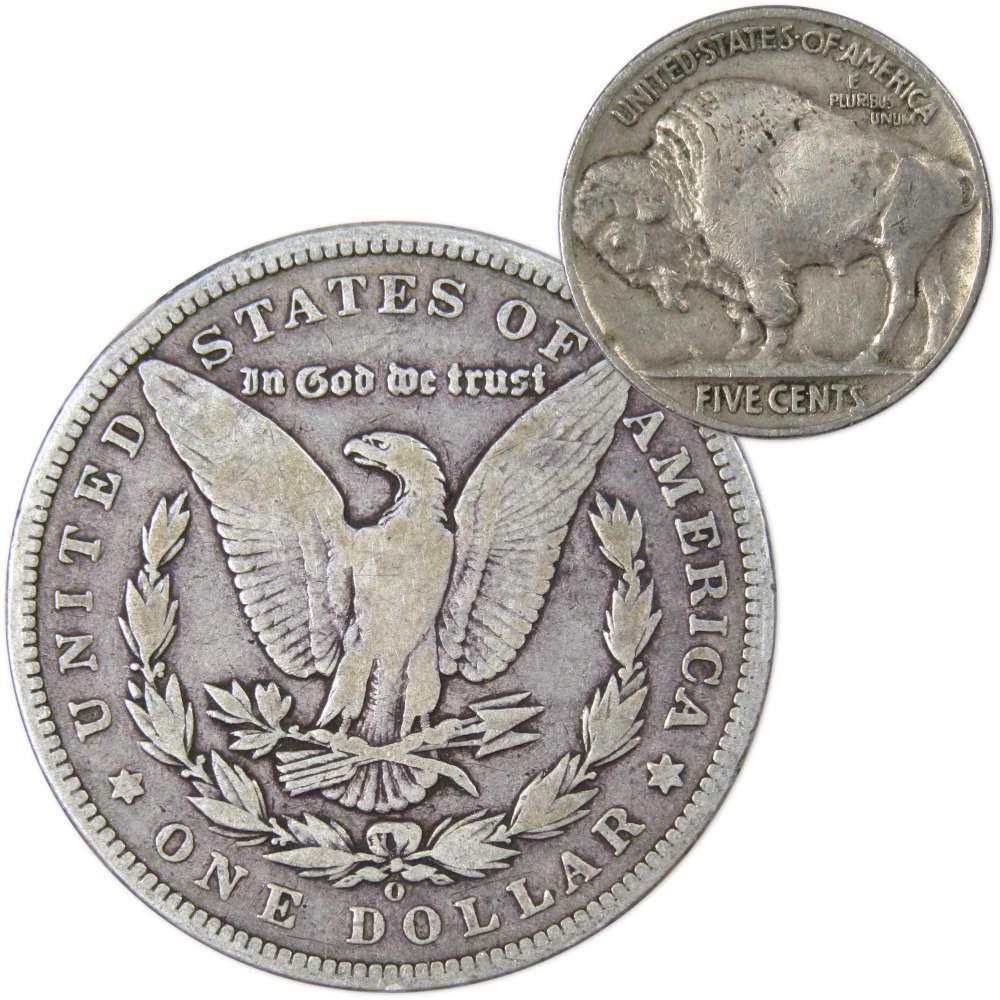 1896 O Morgan Dollar VG Very Good 90% Silver with 1927 Buffalo Nickel F Fine - Morgan coin - Morgan silver dollar - Morgan silver dollar for sale - Profile Coins & Collectibles