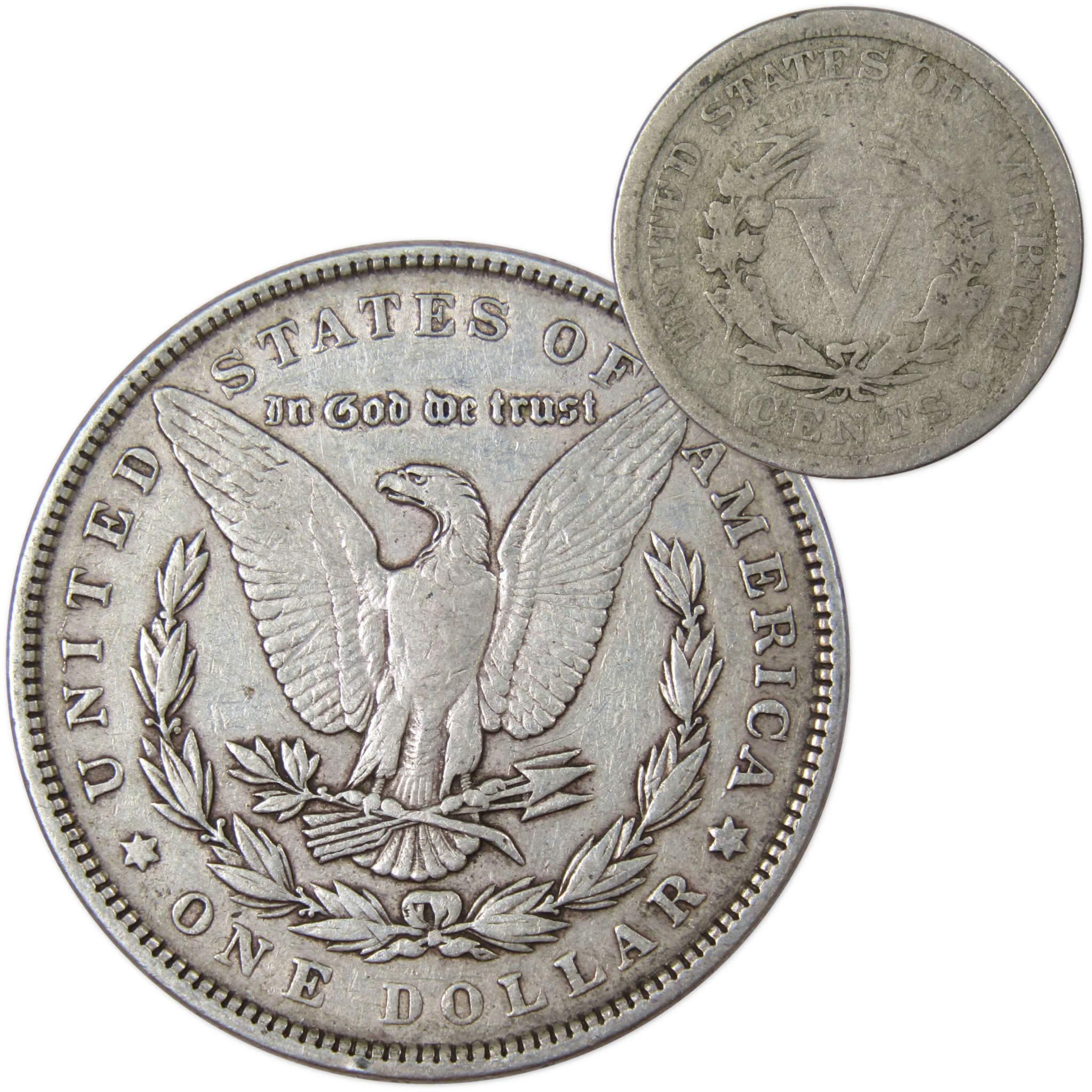1897 Morgan Dollar VF Very Fine 90% Silver Coin with 1906 Liberty Nickel G Good - Morgan coin - Morgan silver dollar - Morgan silver dollar for sale - Profile Coins & Collectibles