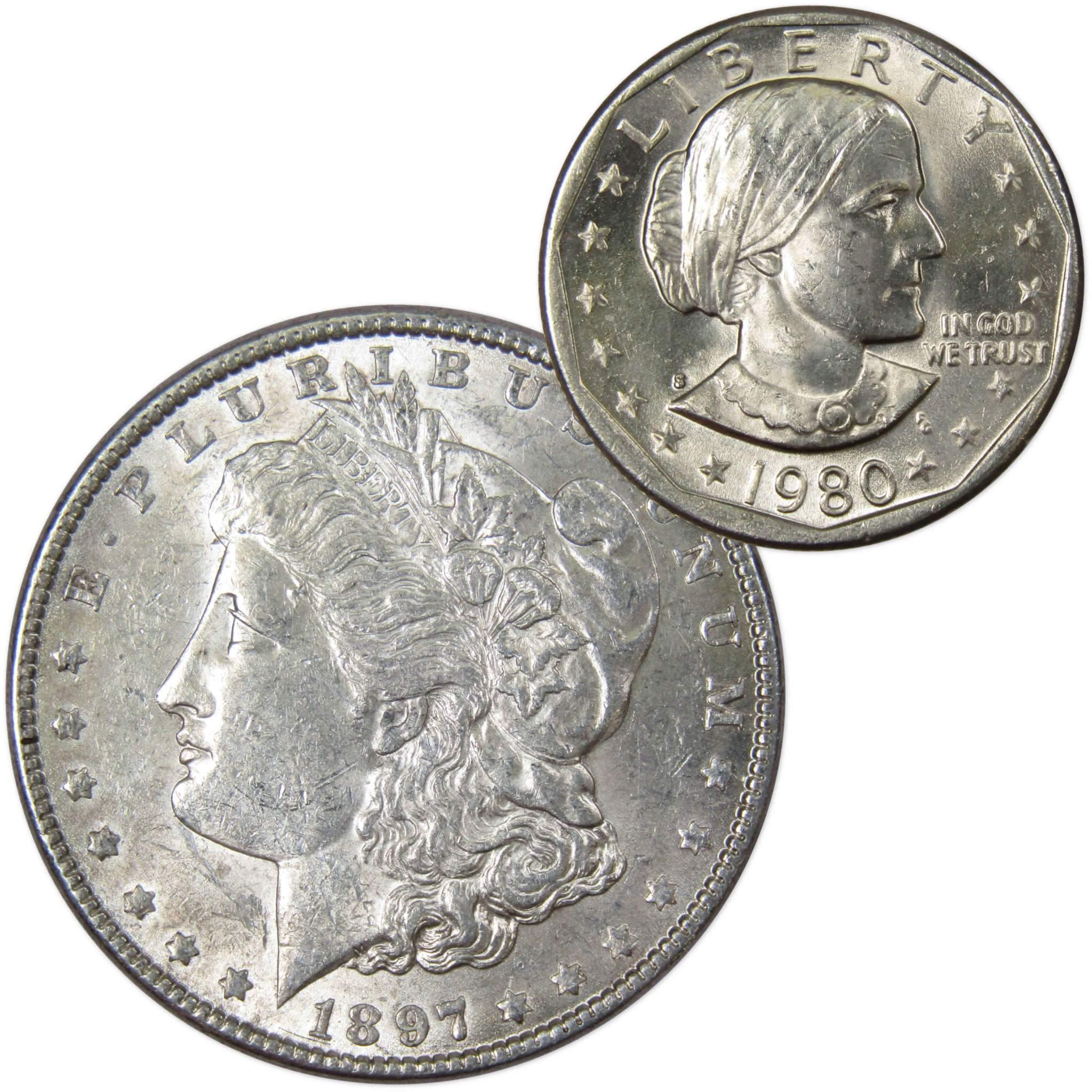 1897 Morgan Dollar AU About Uncirculated with 1980 S SBA$ BU Uncirculated - Morgan coin - Morgan silver dollar - Morgan silver dollar for sale - Profile Coins & Collectibles