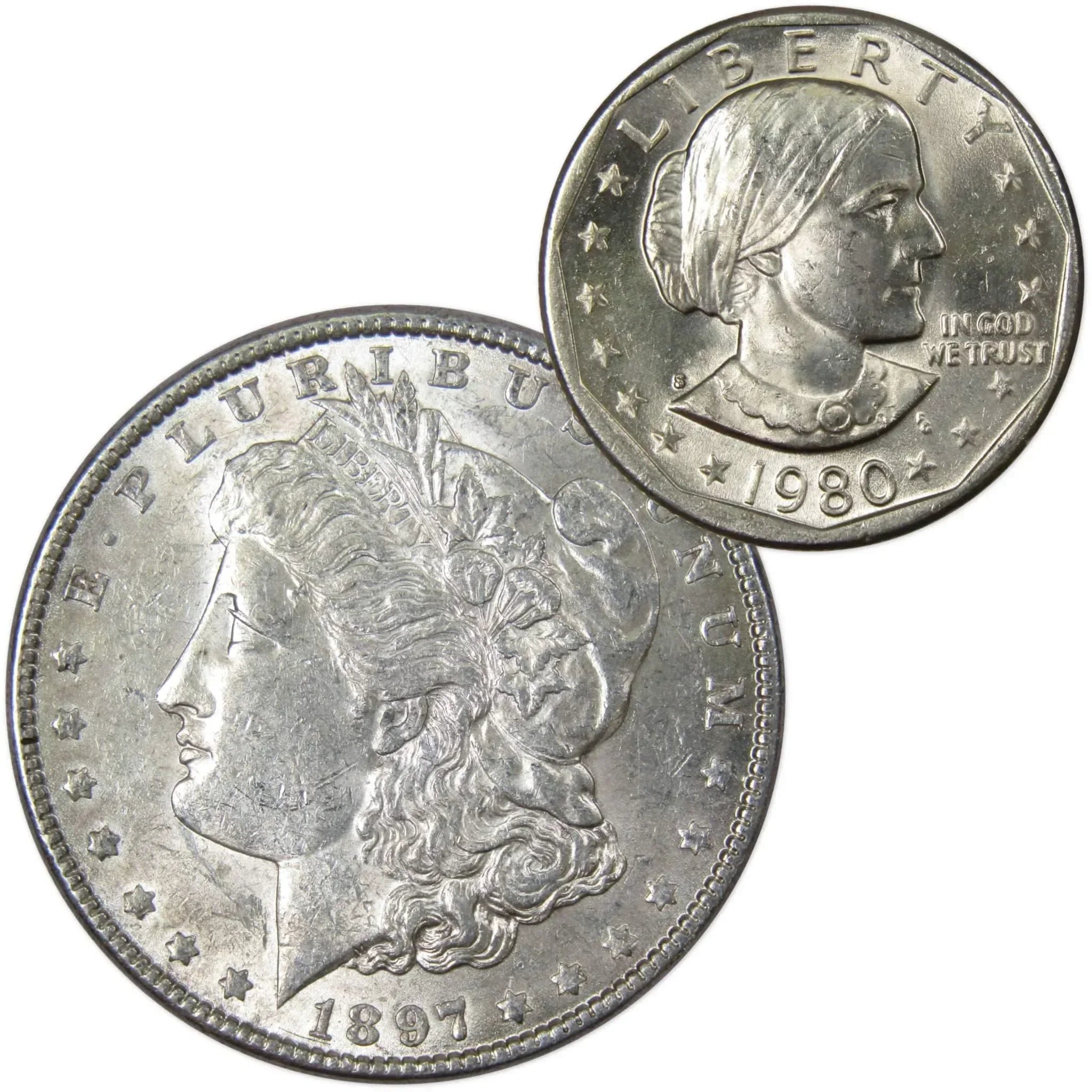 1897 Morgan Dollar AU About Uncirculated with 1980 S SBA$ BU Uncirculated - Morgan coin - Morgan silver dollar - Morgan silver dollar for sale - Profile Coins & Collectibles