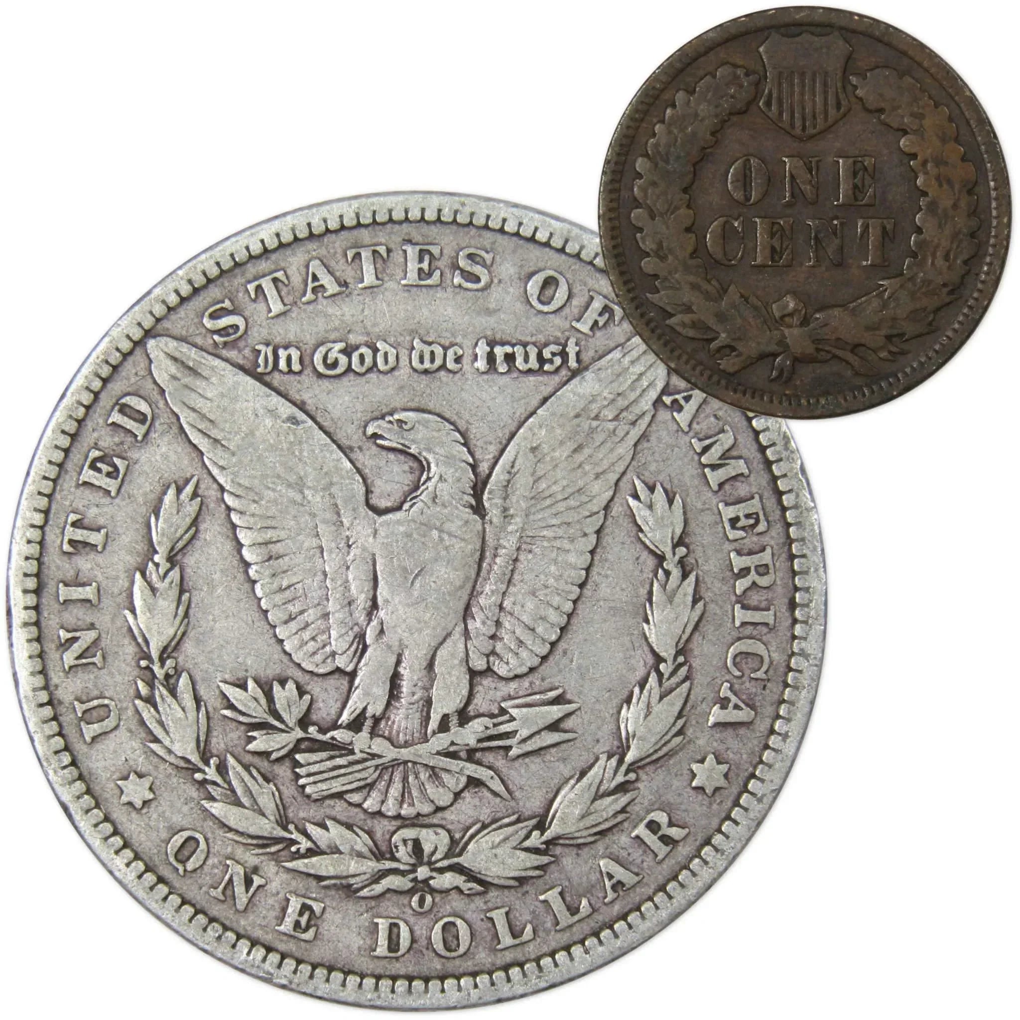 1897 O Morgan Dollar F Fine 90% Silver Coin with 1899 Indian Head Cent G Good - Morgan coin - Morgan silver dollar - Morgan silver dollar for sale - Profile Coins & Collectibles