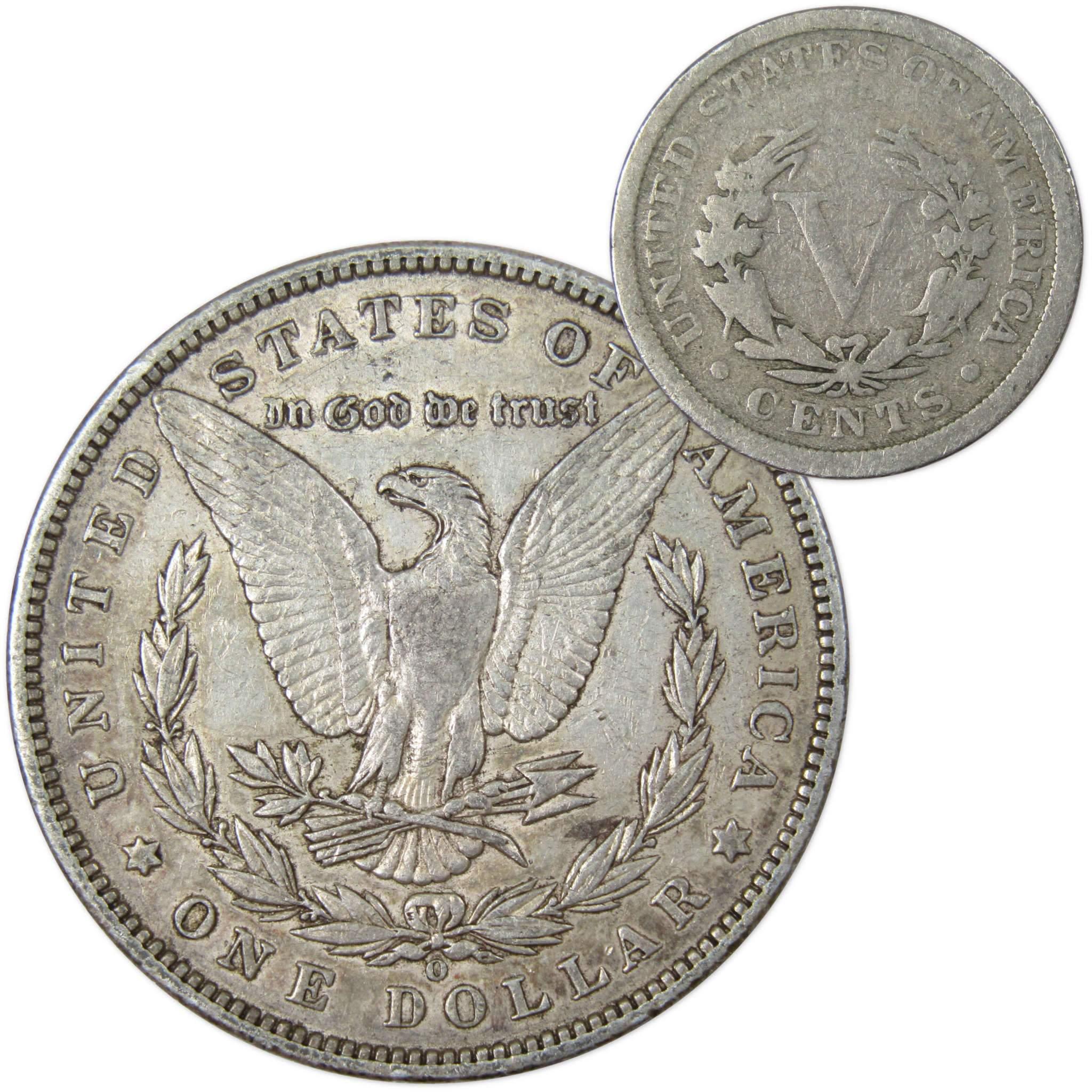 1897 O Morgan Dollar VF Very Fine 90% Silver with 1907 Liberty Nickel G Good - Morgan coin - Morgan silver dollar - Morgan silver dollar for sale - Profile Coins & Collectibles
