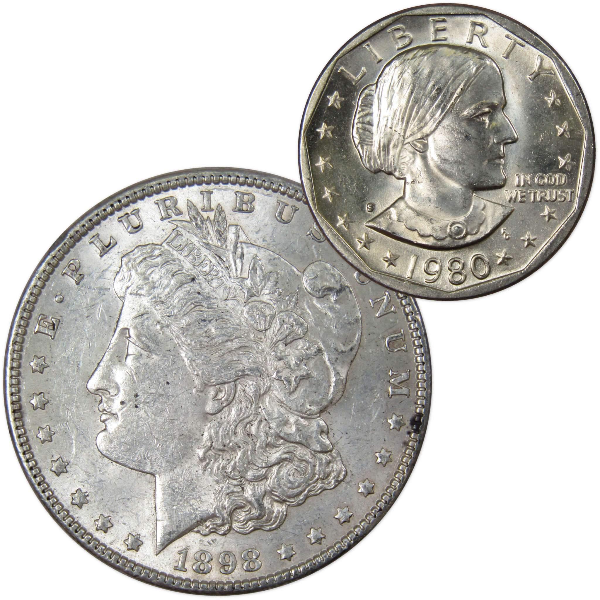1898 Morgan Dollar AU About Uncirculated with 1980 S SBA$ BU Uncirculated - Morgan coin - Morgan silver dollar - Morgan silver dollar for sale - Profile Coins & Collectibles