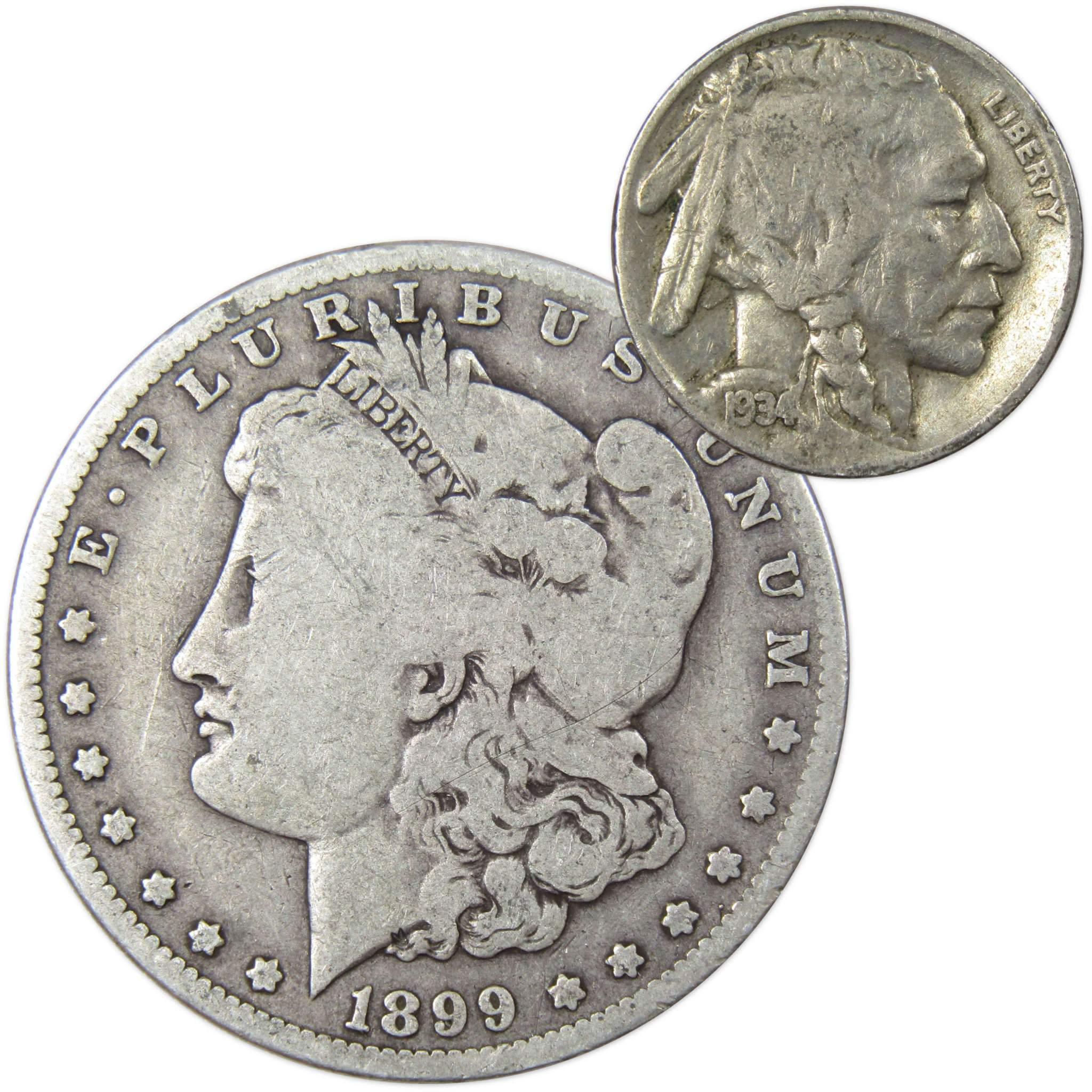 1899 O Morgan Dollar VG Very Good 90% Silver with 1934 Buffalo Nickel F Fine - Morgan coin - Morgan silver dollar - Morgan silver dollar for sale - Profile Coins & Collectibles