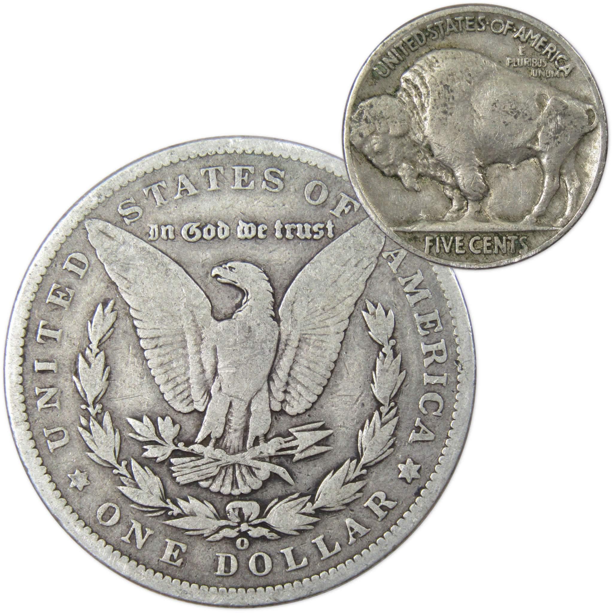 1899 O Morgan Dollar VG Very Good 90% Silver with 1934 Buffalo Nickel F Fine - Morgan coin - Morgan silver dollar - Morgan silver dollar for sale - Profile Coins & Collectibles