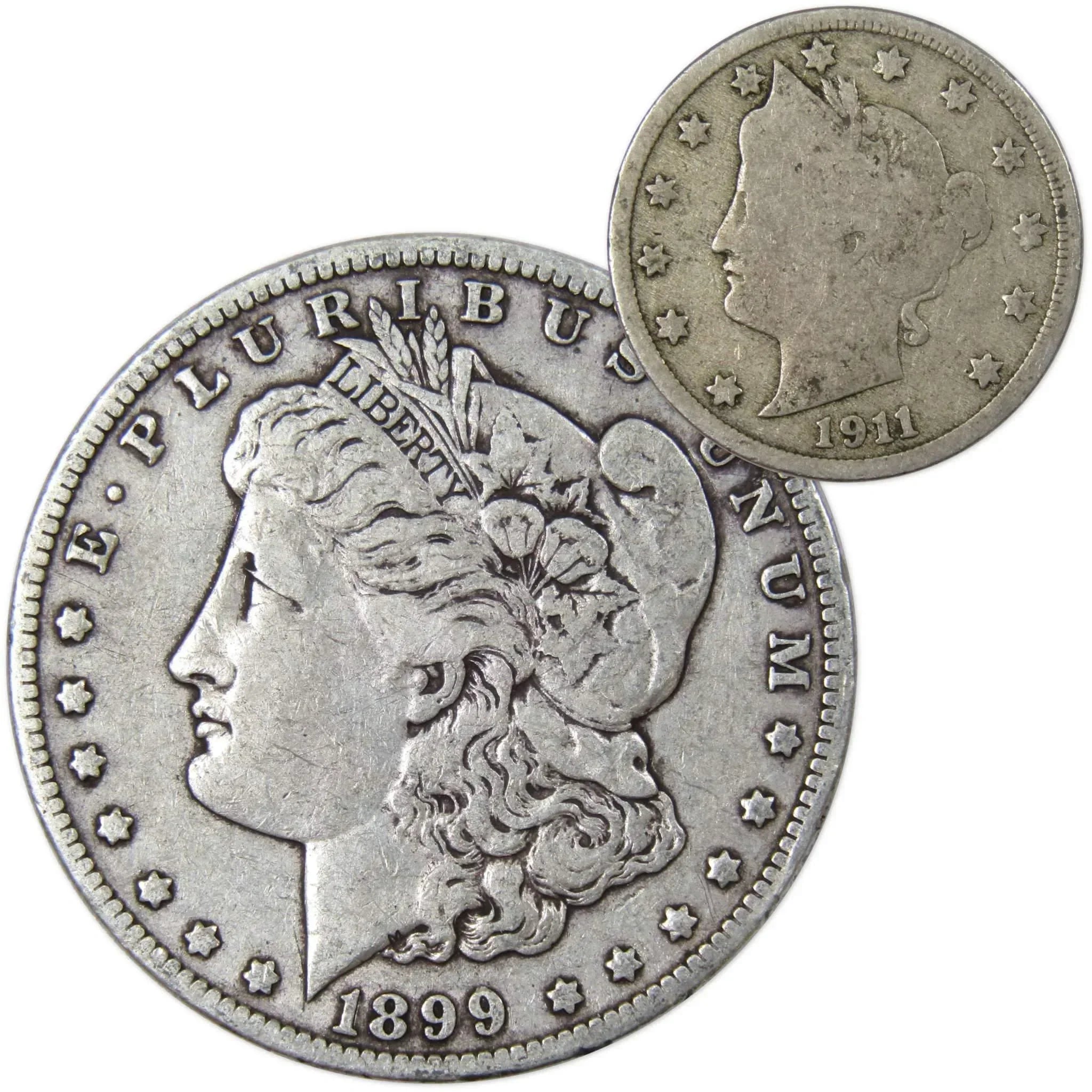 1899 O Morgan Dollar VF Very Fine 90% Silver with 1911 Liberty Nickel G Good - Morgan coin - Morgan silver dollar - Morgan silver dollar for sale - Profile Coins & Collectibles