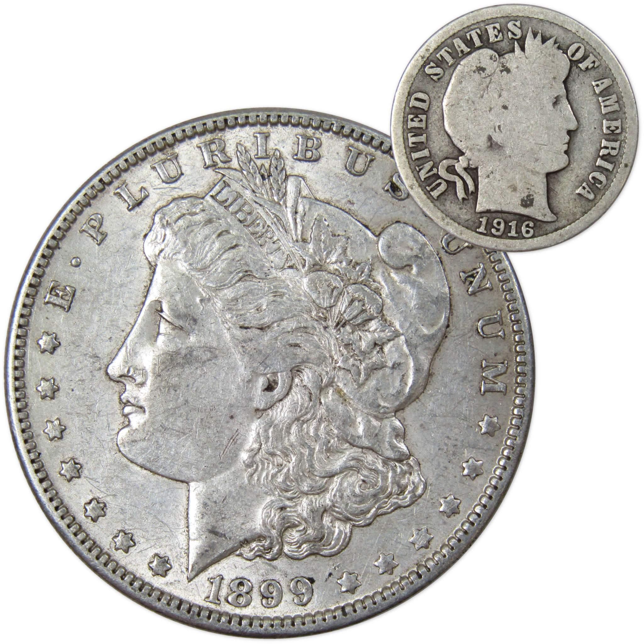 1899 O Morgan Dollar XF EF Extremely Fine with 1916 Barber Dime G Good - Morgan coin - Morgan silver dollar - Morgan silver dollar for sale - Profile Coins & Collectibles
