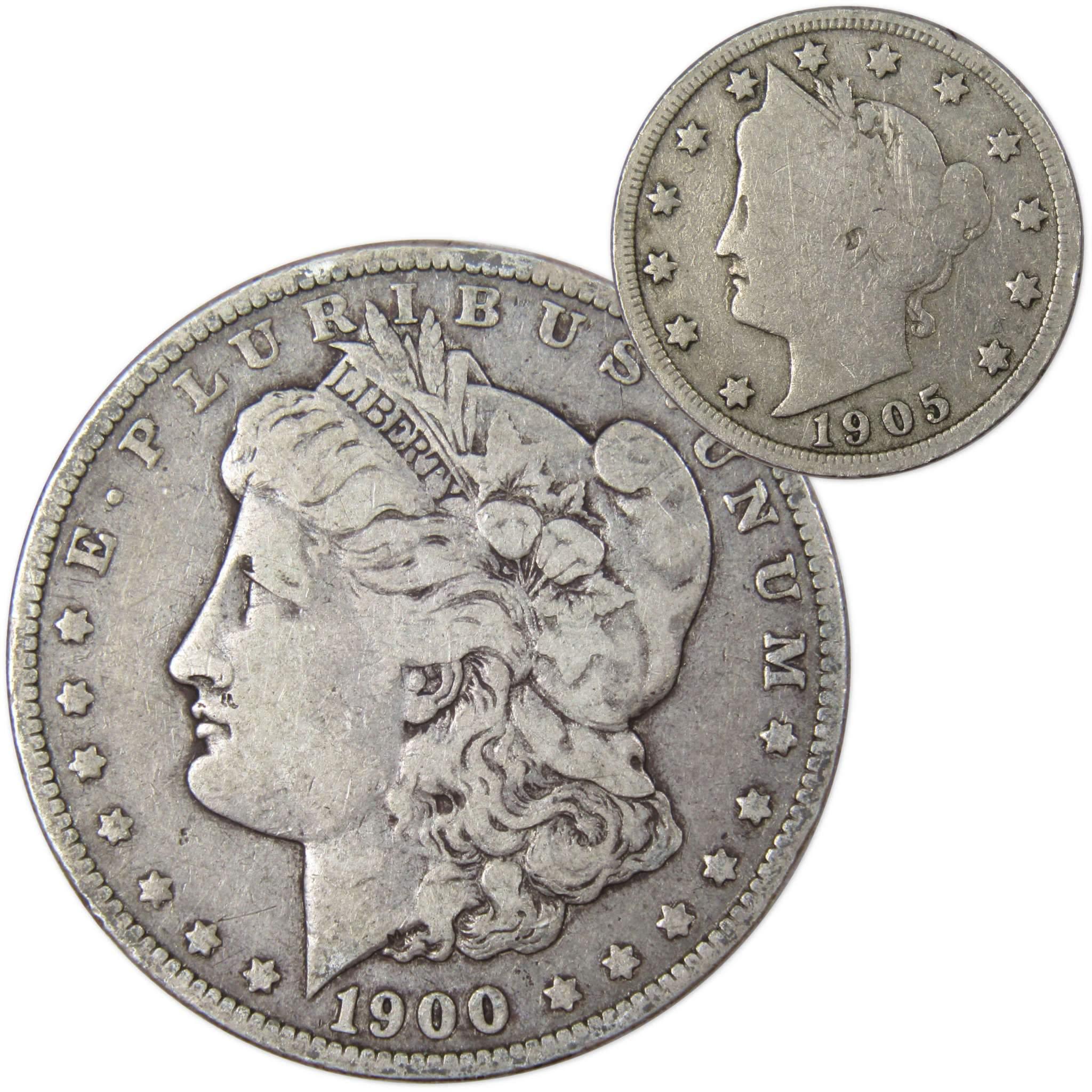 1900 Morgan Dollar VF Very Fine 90% Silver Coin with 1905 Liberty Nickel G Good - Morgan coin - Morgan silver dollar - Morgan silver dollar for sale - Profile Coins & Collectibles