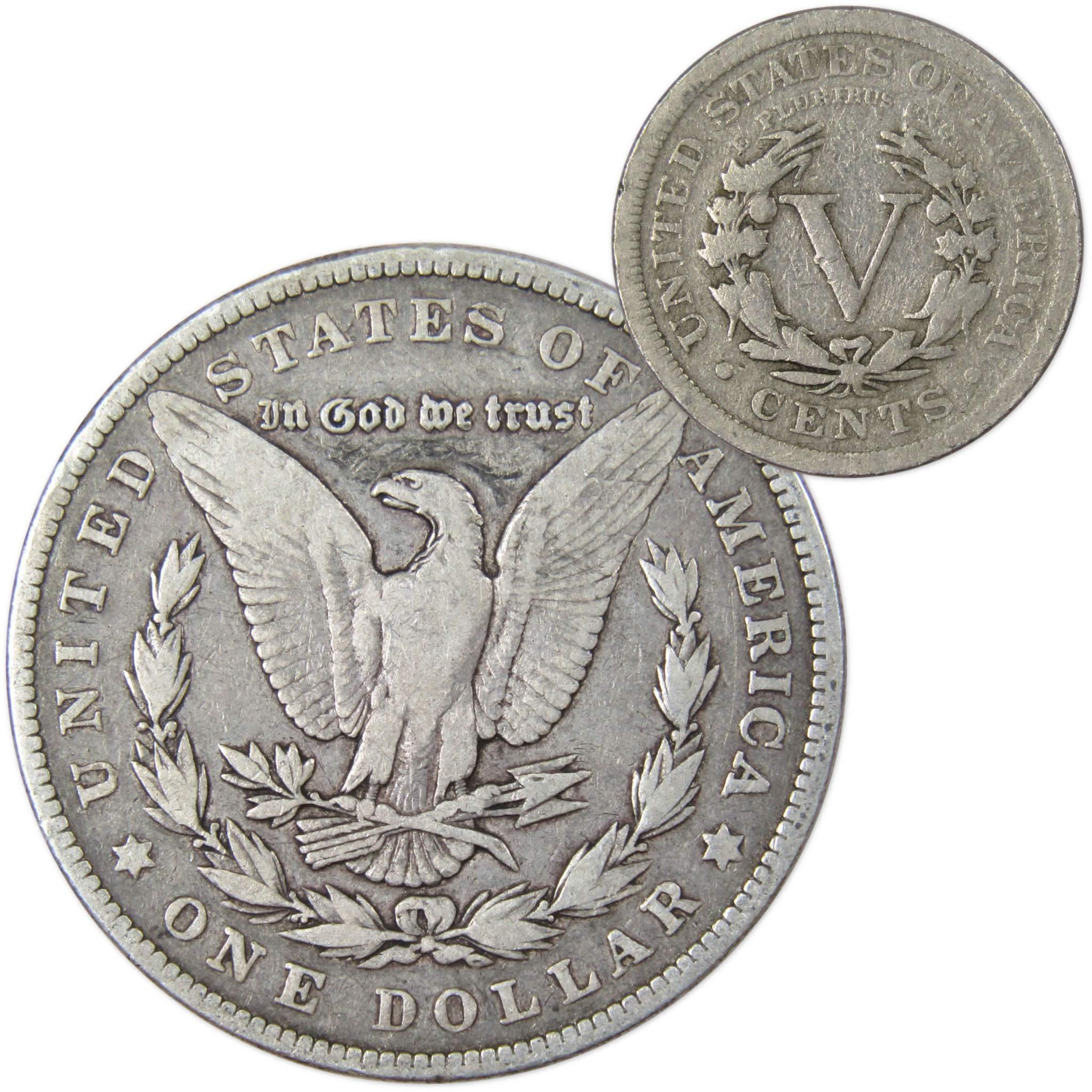 1900 Morgan Dollar VF Very Fine 90% Silver Coin with 1905 Liberty Nickel G Good - Morgan coin - Morgan silver dollar - Morgan silver dollar for sale - Profile Coins & Collectibles