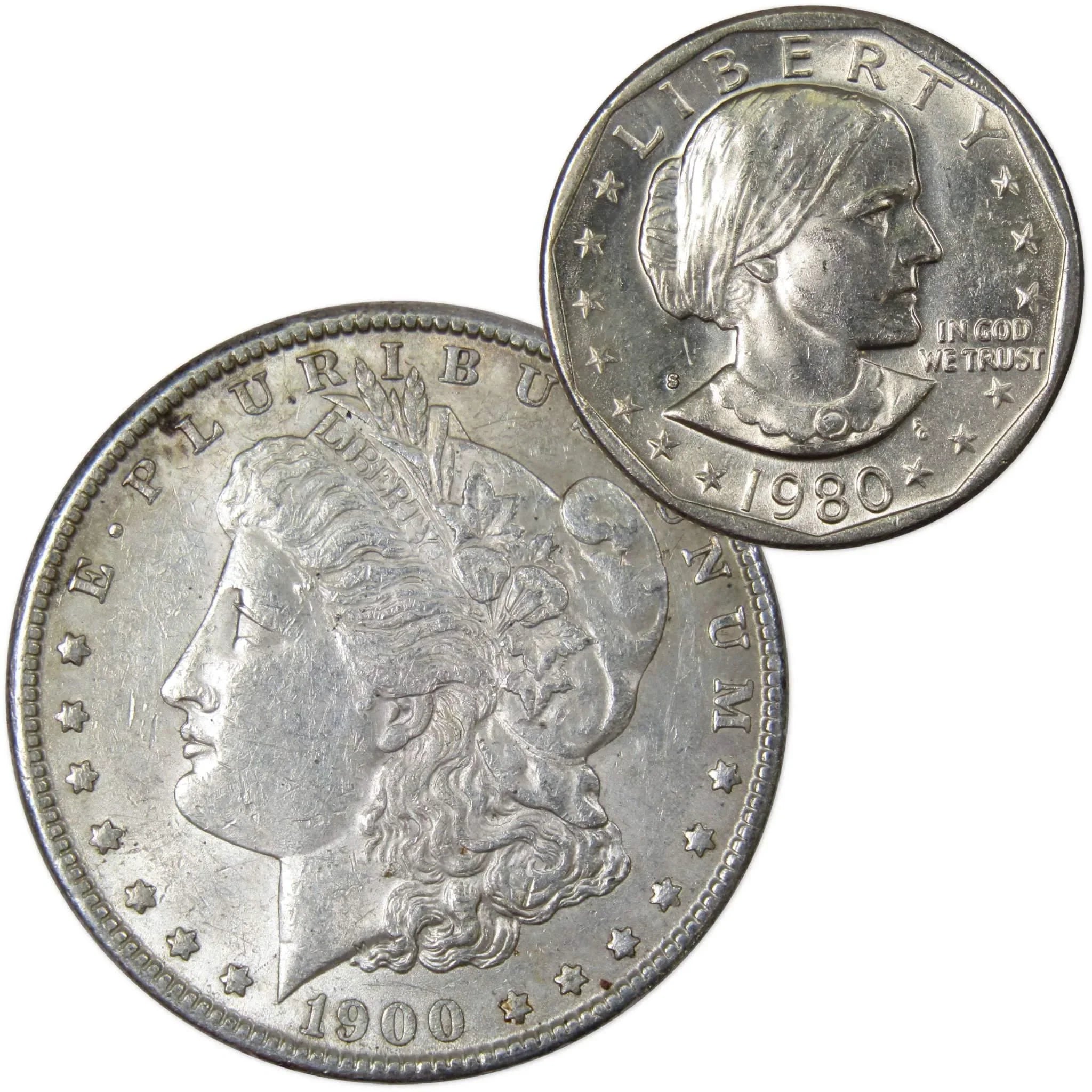 1900 Morgan Dollar AU About Uncirculated with 1980 S SBA$ BU Uncirculated - Morgan coin - Morgan silver dollar - Morgan silver dollar for sale - Profile Coins & Collectibles