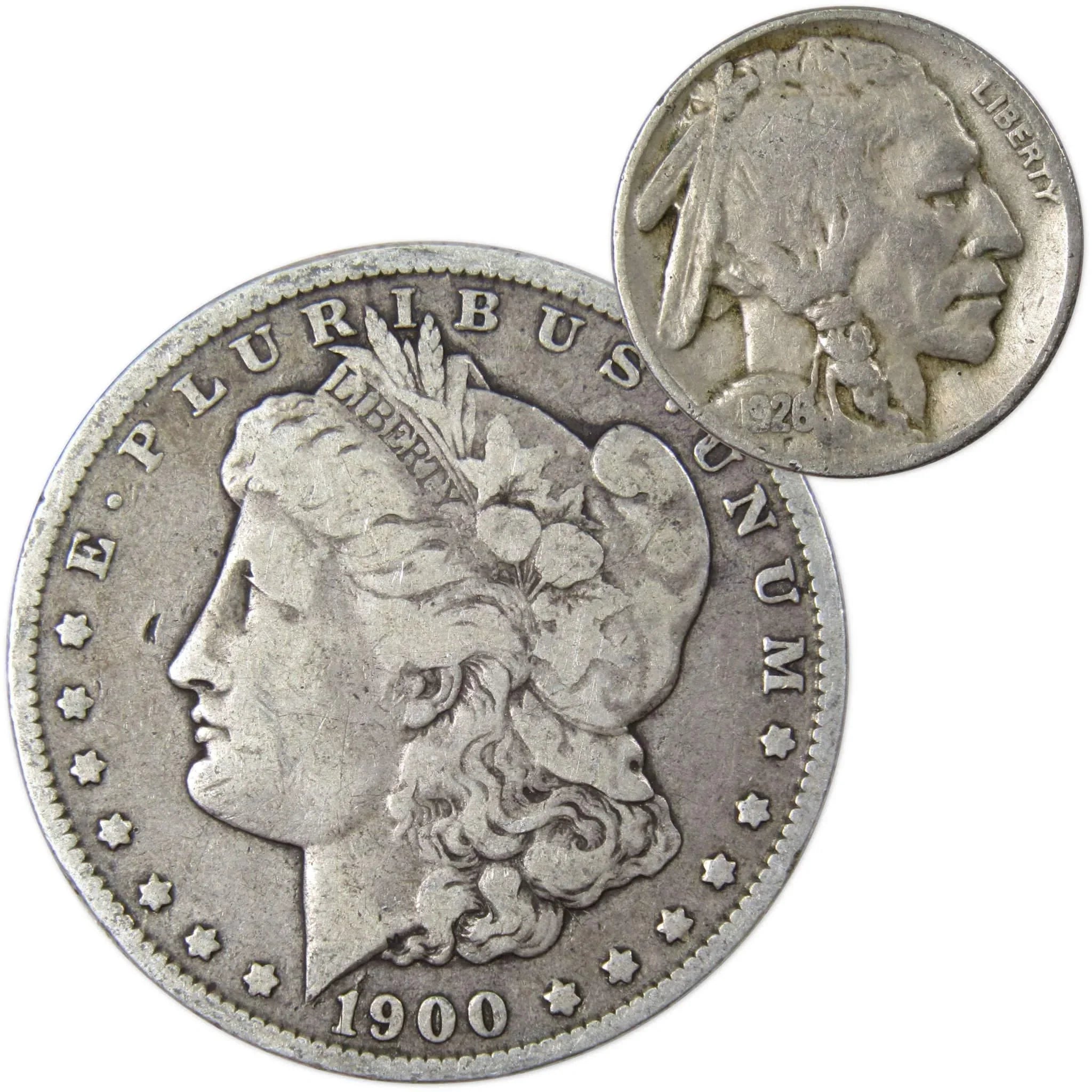 1900 O Morgan Dollar VG Very Good 90% Silver with 1926 Buffalo Nickel F Fine - Morgan coin - Morgan silver dollar - Morgan silver dollar for sale - Profile Coins & Collectibles