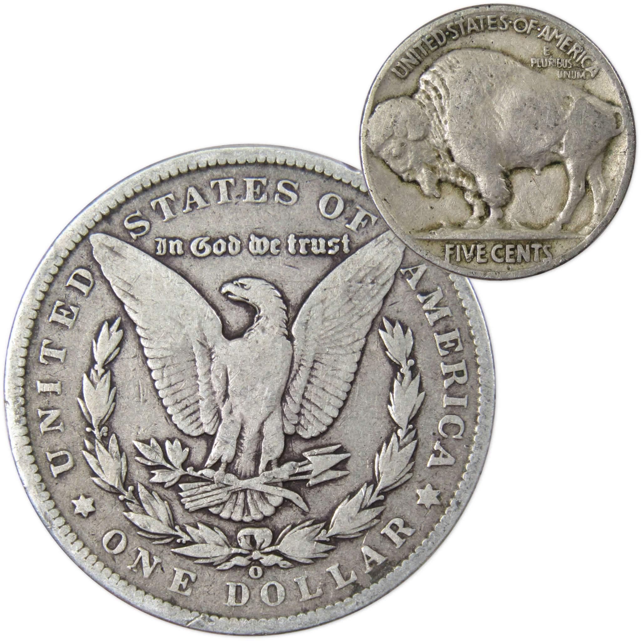 1900 O Morgan Dollar VG Very Good 90% Silver with 1926 Buffalo Nickel F Fine - Morgan coin - Morgan silver dollar - Morgan silver dollar for sale - Profile Coins & Collectibles