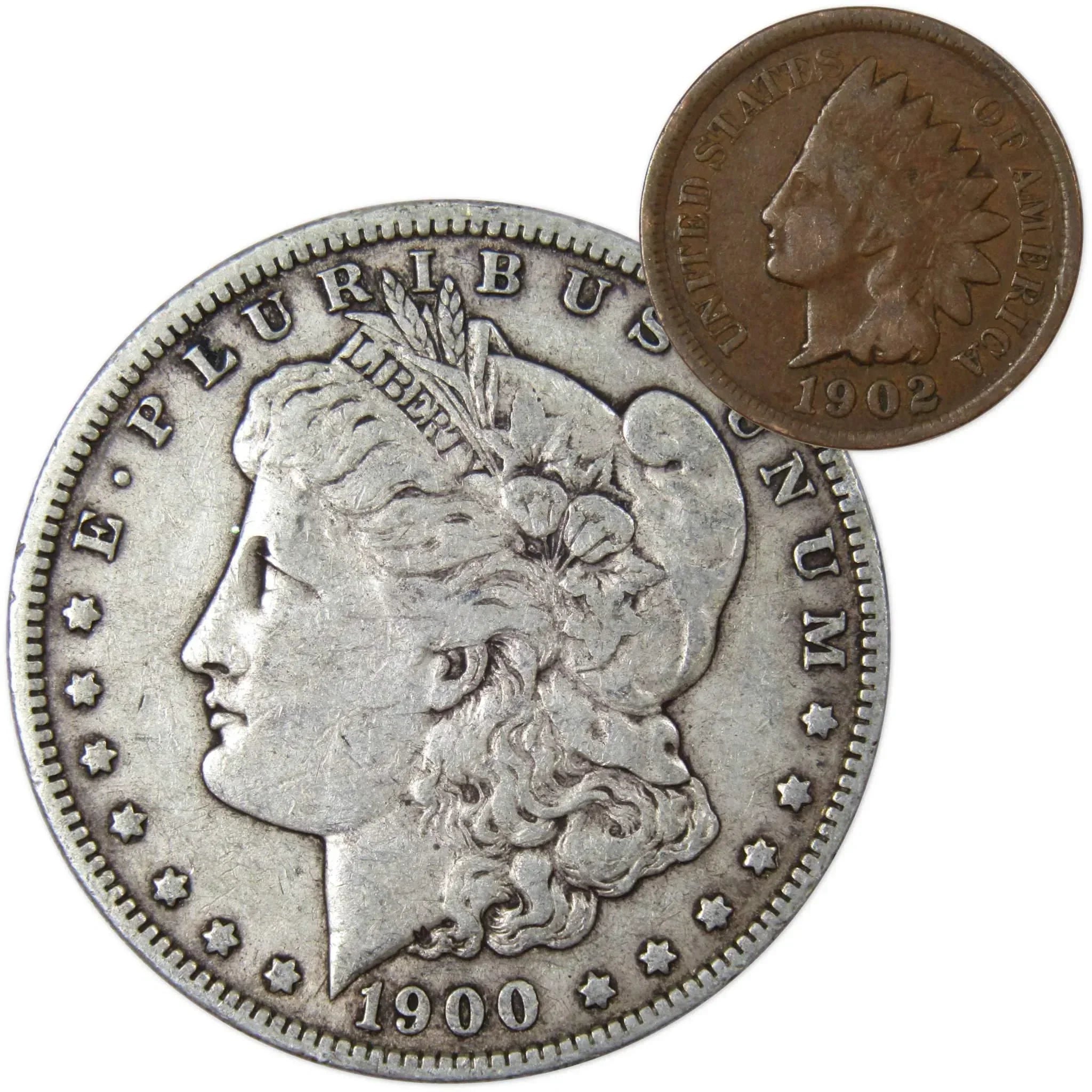 1900 O Morgan Dollar F Fine 90% Silver Coin with 1902 Indian Head Cent G Good - Morgan coin - Morgan silver dollar - Morgan silver dollar for sale - Profile Coins & Collectibles