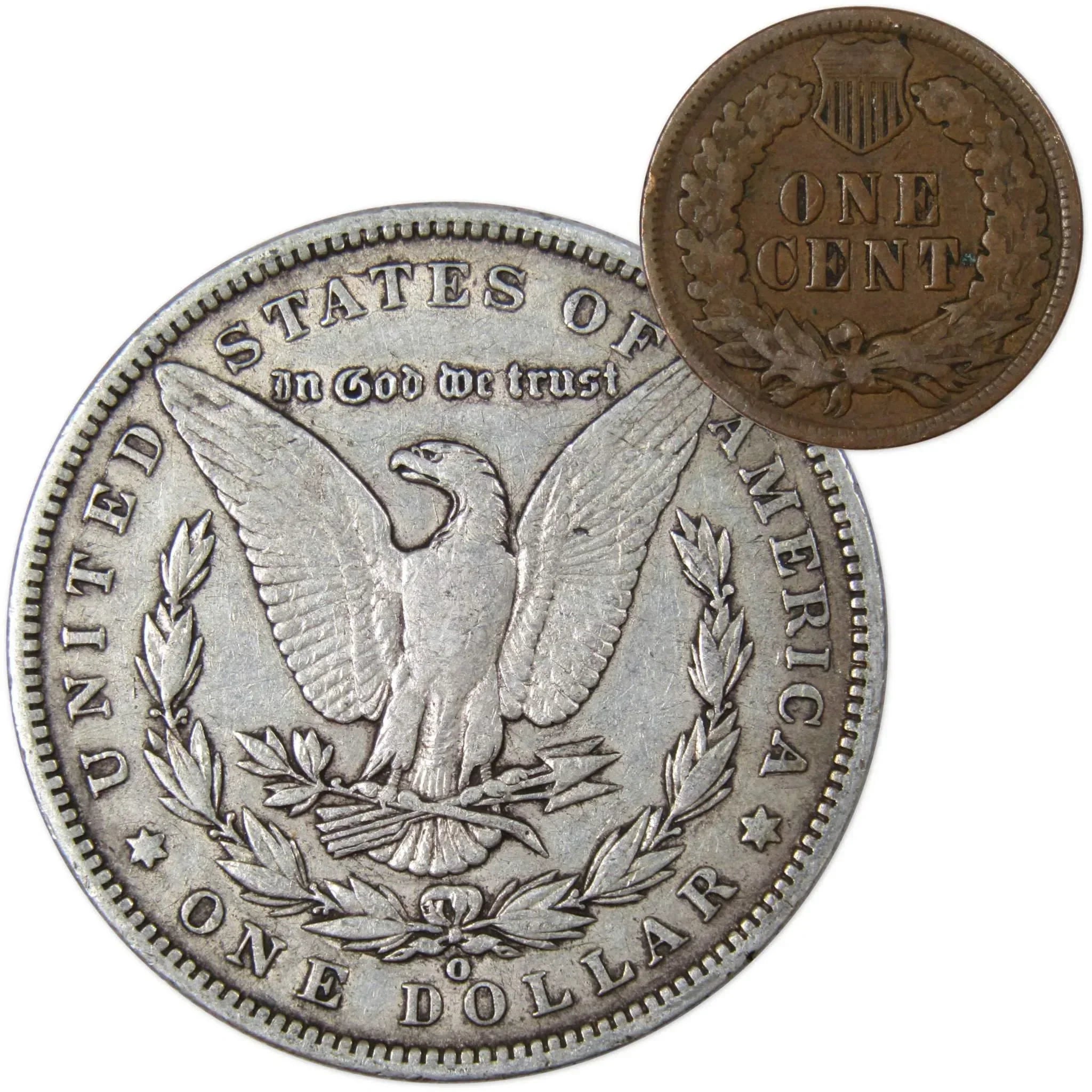 1900 O Morgan Dollar F Fine 90% Silver Coin with 1902 Indian Head Cent G Good - Morgan coin - Morgan silver dollar - Morgan silver dollar for sale - Profile Coins & Collectibles