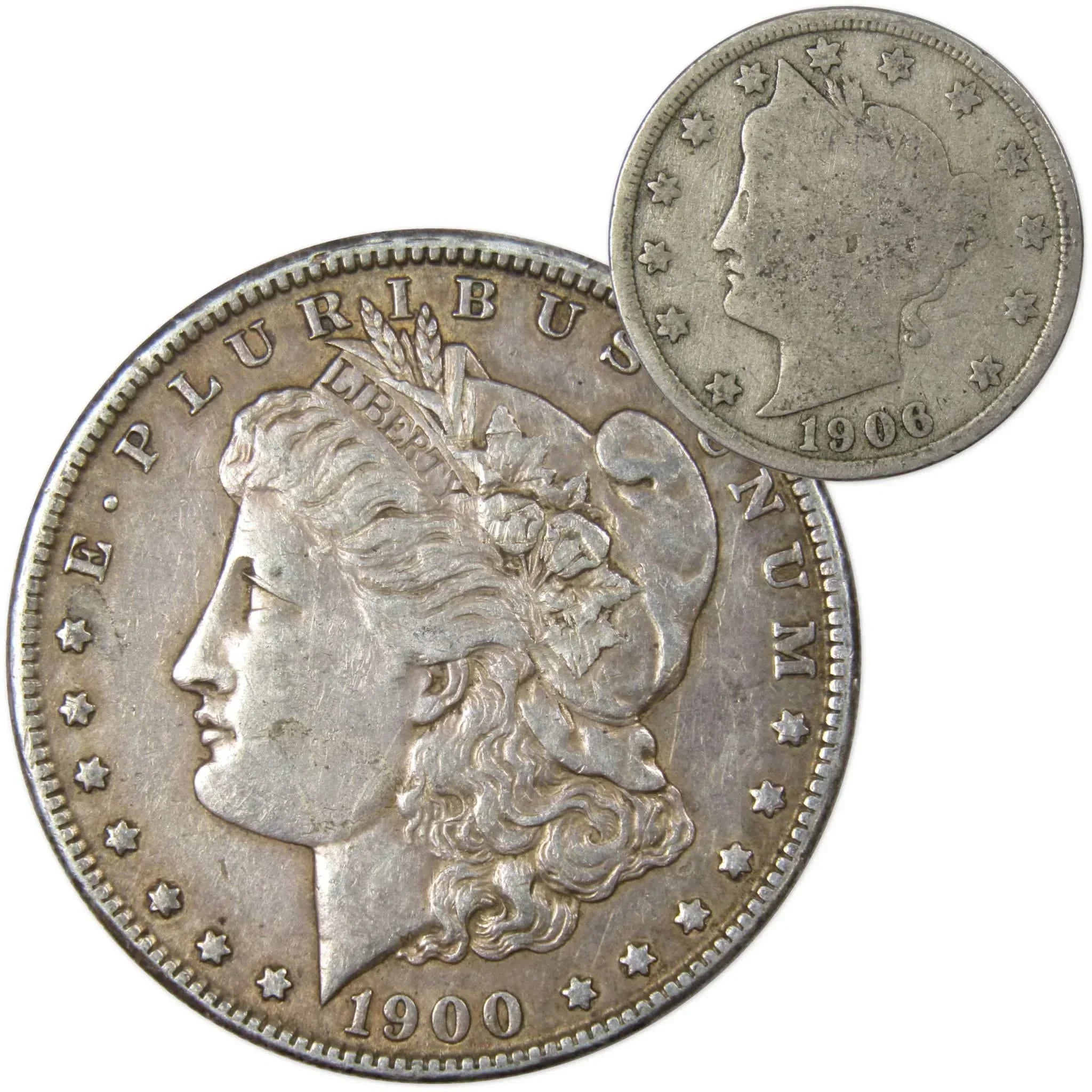 1900 O Morgan Dollar VF Very Fine 90% Silver with 1906 Liberty Nickel G Good - Morgan coin - Morgan silver dollar - Morgan silver dollar for sale - Profile Coins & Collectibles