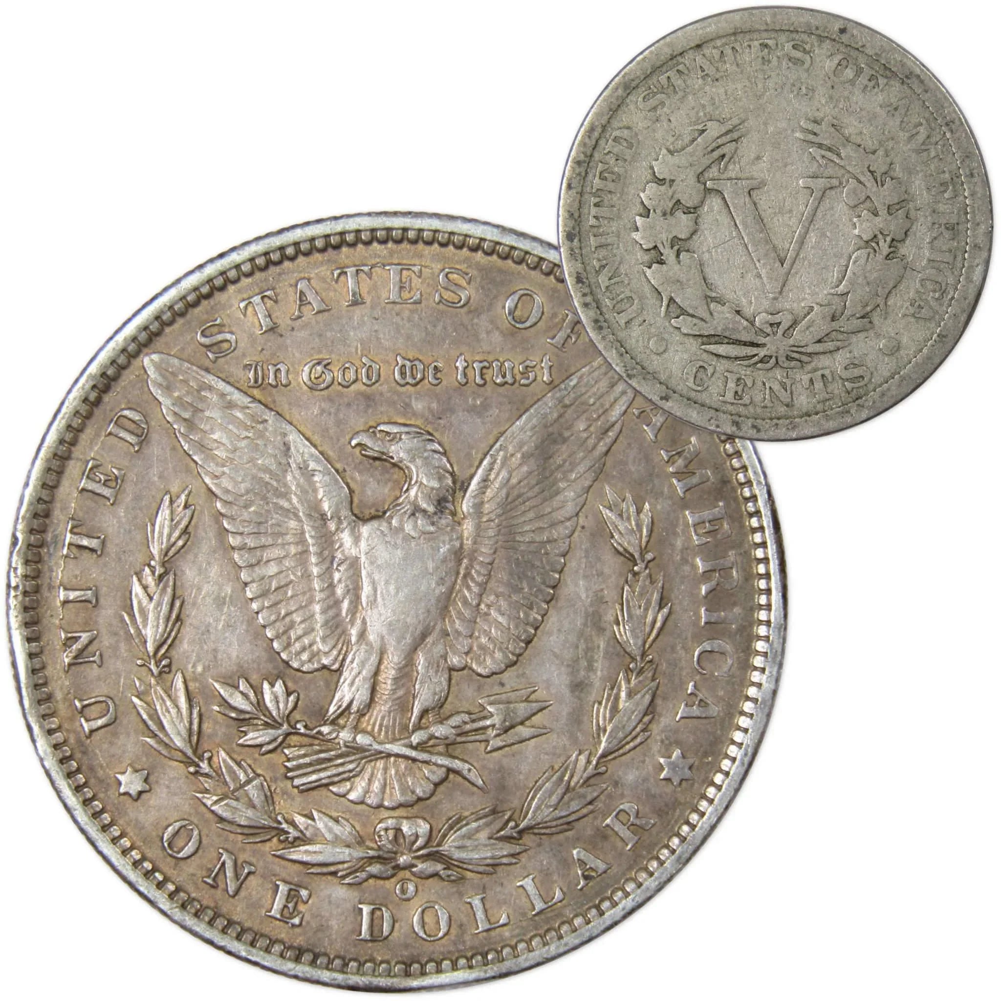 1900 O Morgan Dollar VF Very Fine 90% Silver with 1906 Liberty Nickel G Good - Morgan coin - Morgan silver dollar - Morgan silver dollar for sale - Profile Coins & Collectibles