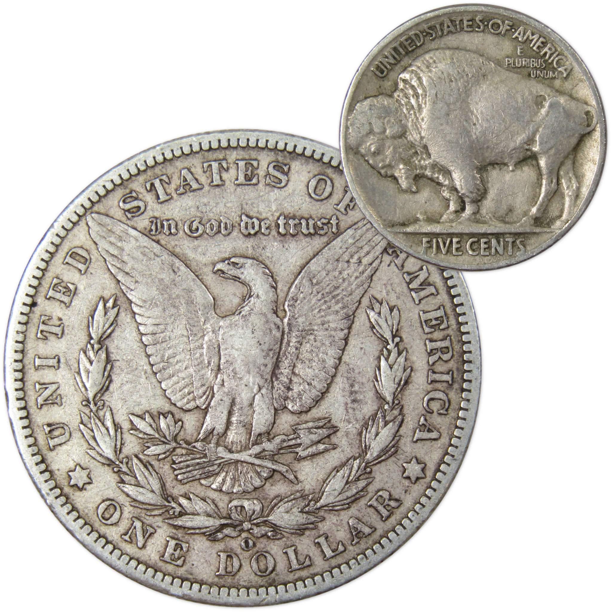 1901 O Morgan Dollar VG Very Good 90% Silver with 1927 Buffalo Nickel F Fine - Morgan coin - Morgan silver dollar - Morgan silver dollar for sale - Profile Coins & Collectibles