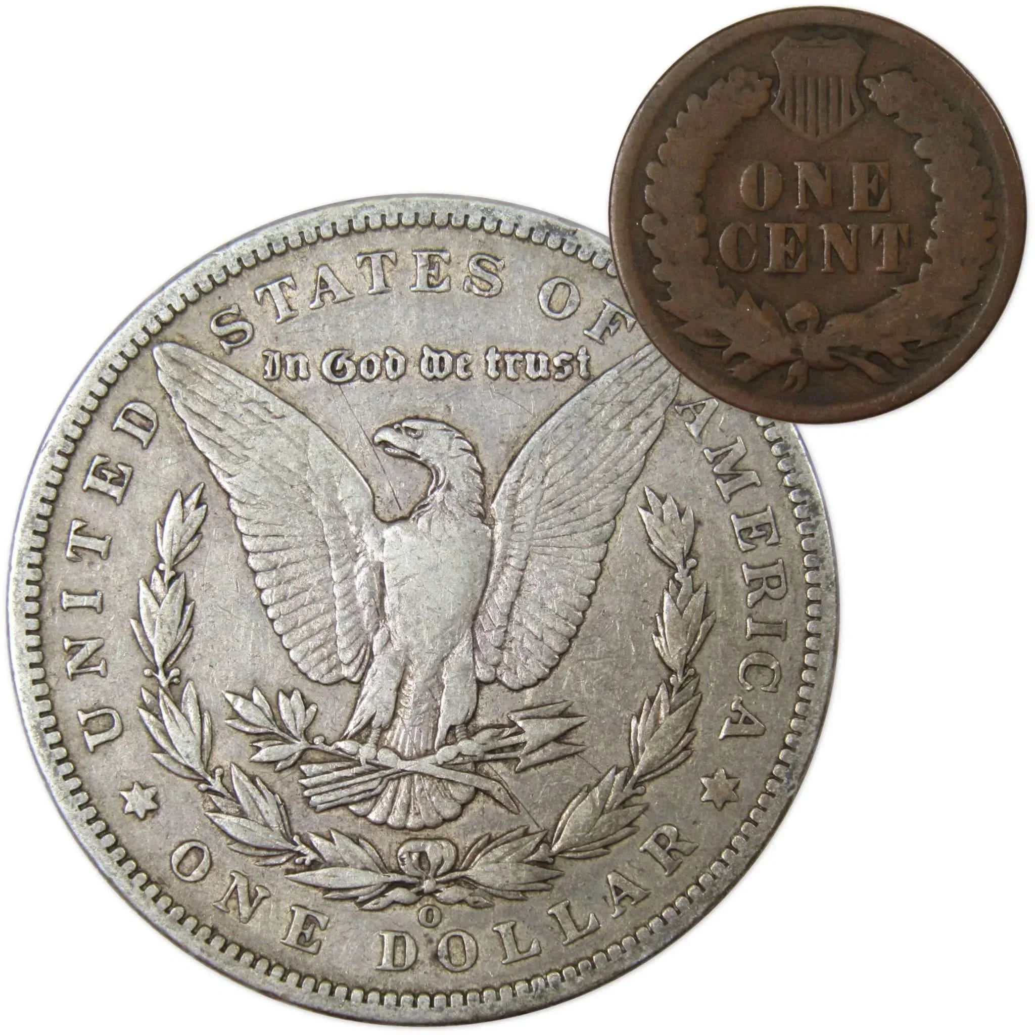 1901 O Morgan Dollar F Fine 90% Silver Coin with 1899 Indian Head Cent G Good - Morgan coin - Morgan silver dollar - Morgan silver dollar for sale - Profile Coins & Collectibles