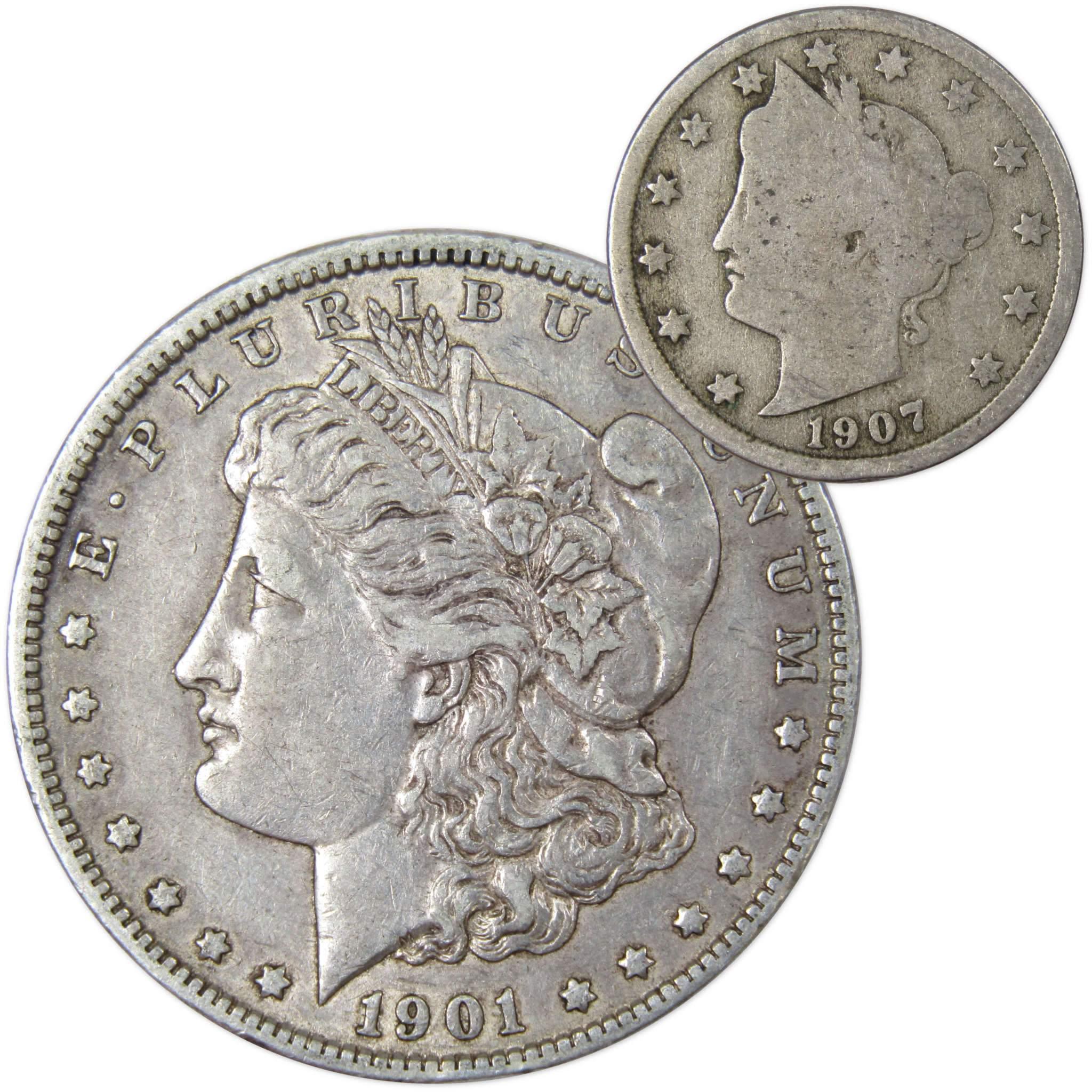 1901 O Morgan Dollar VF Very Fine 90% Silver with 1907 Liberty Nickel G Good - Morgan coin - Morgan silver dollar - Morgan silver dollar for sale - Profile Coins & Collectibles