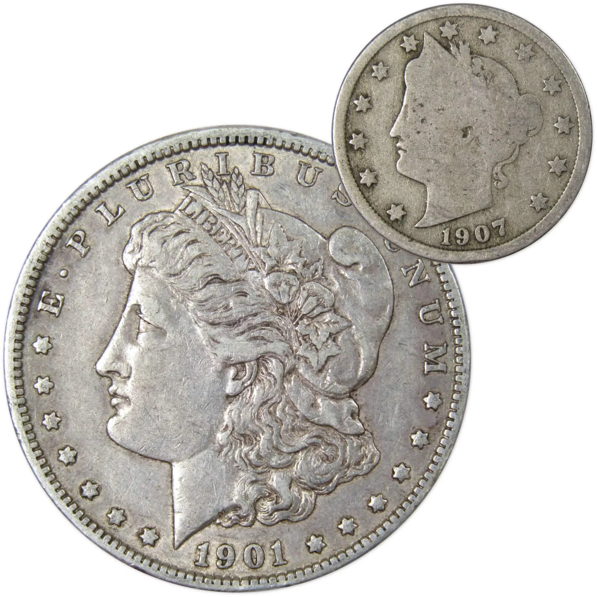 1901 O Morgan Dollar VF Very Fine 90% Silver with 1907 Liberty Nickel G Good - Morgan coin - Morgan silver dollar - Morgan silver dollar for sale - Profile Coins & Collectibles