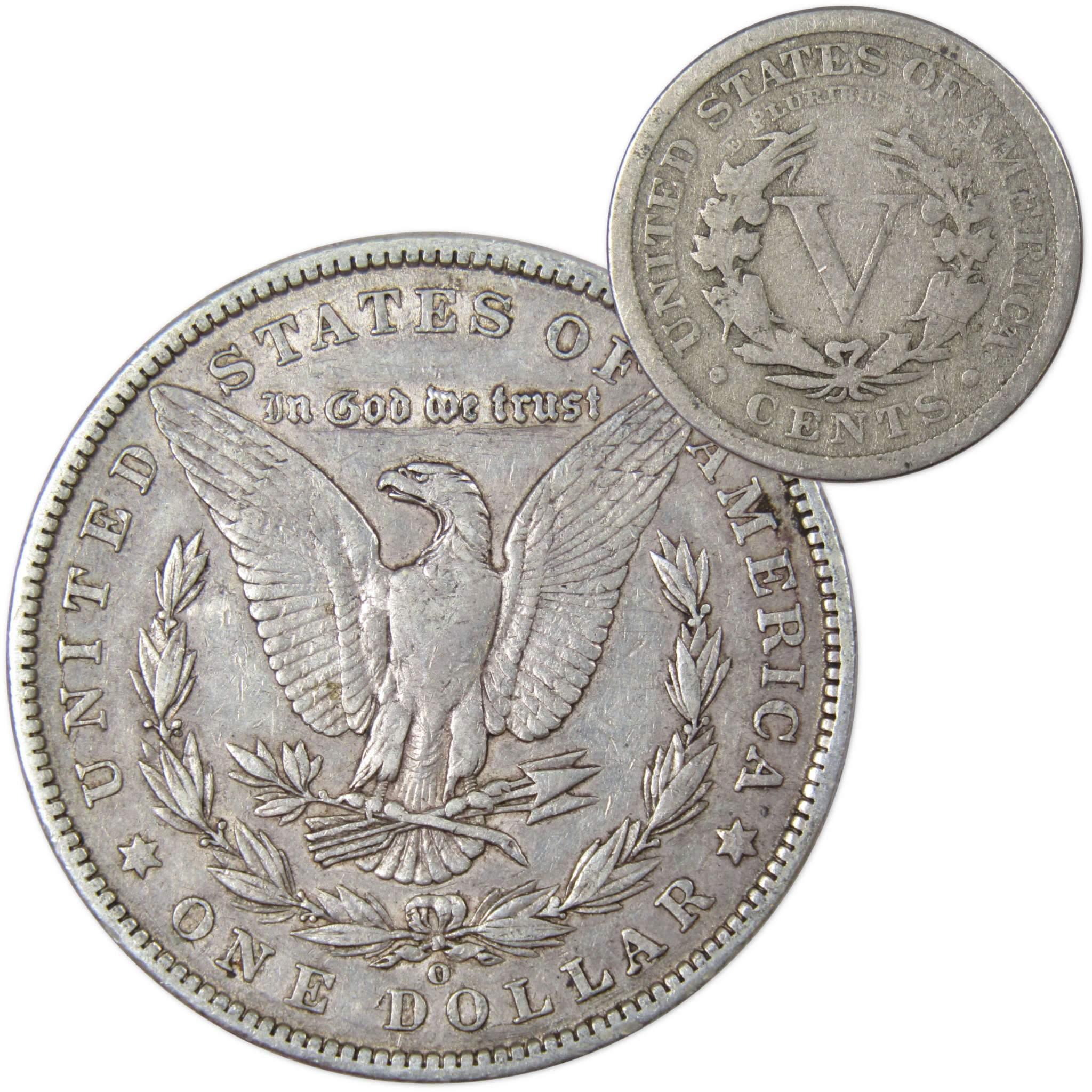 1901 O Morgan Dollar VF Very Fine 90% Silver with 1907 Liberty Nickel G Good - Morgan coin - Morgan silver dollar - Morgan silver dollar for sale - Profile Coins & Collectibles