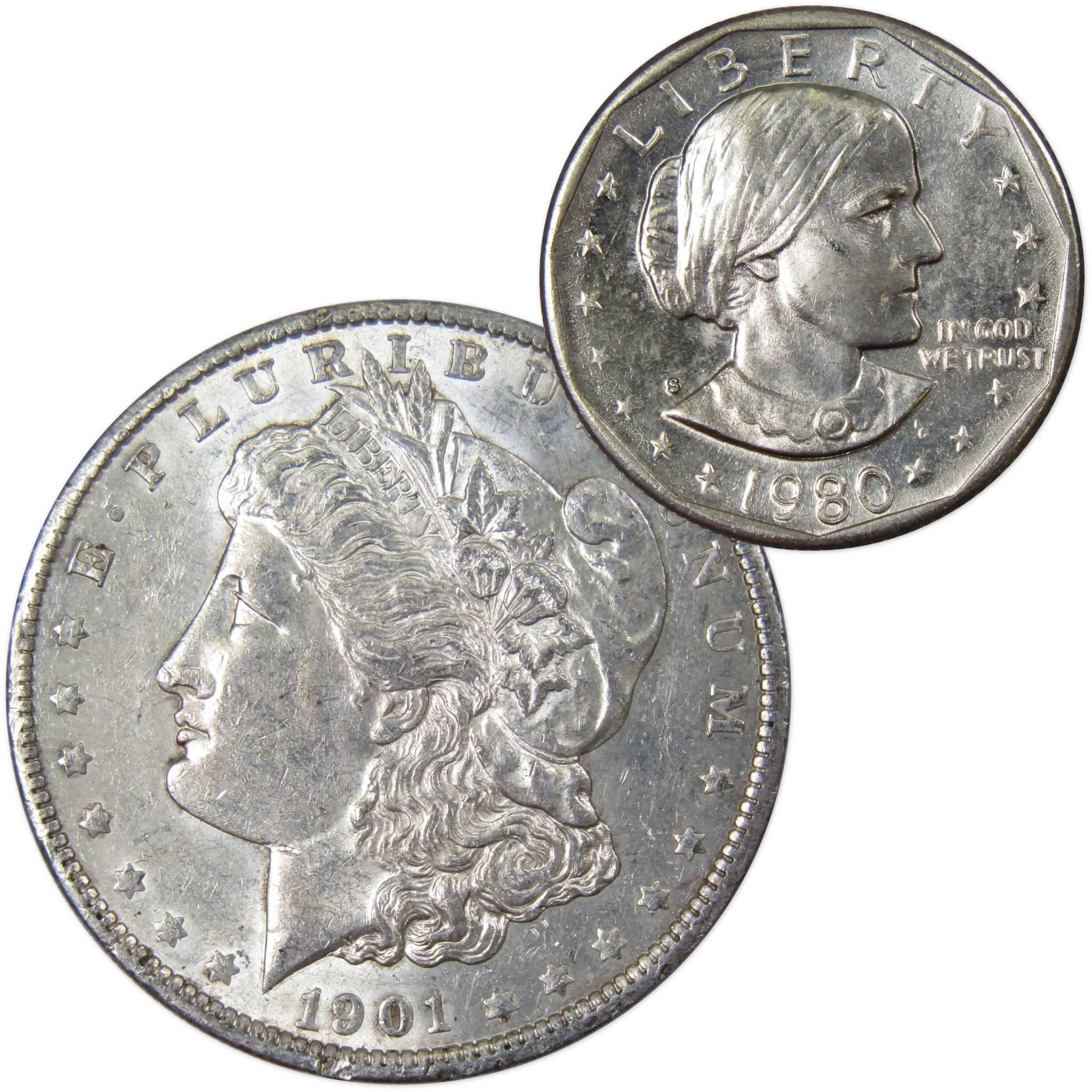 1901 O Morgan Dollar AU About Uncirculated with 1980 S SBA$ BU Uncirculated - Morgan coin - Morgan silver dollar - Morgan silver dollar for sale - Profile Coins & Collectibles