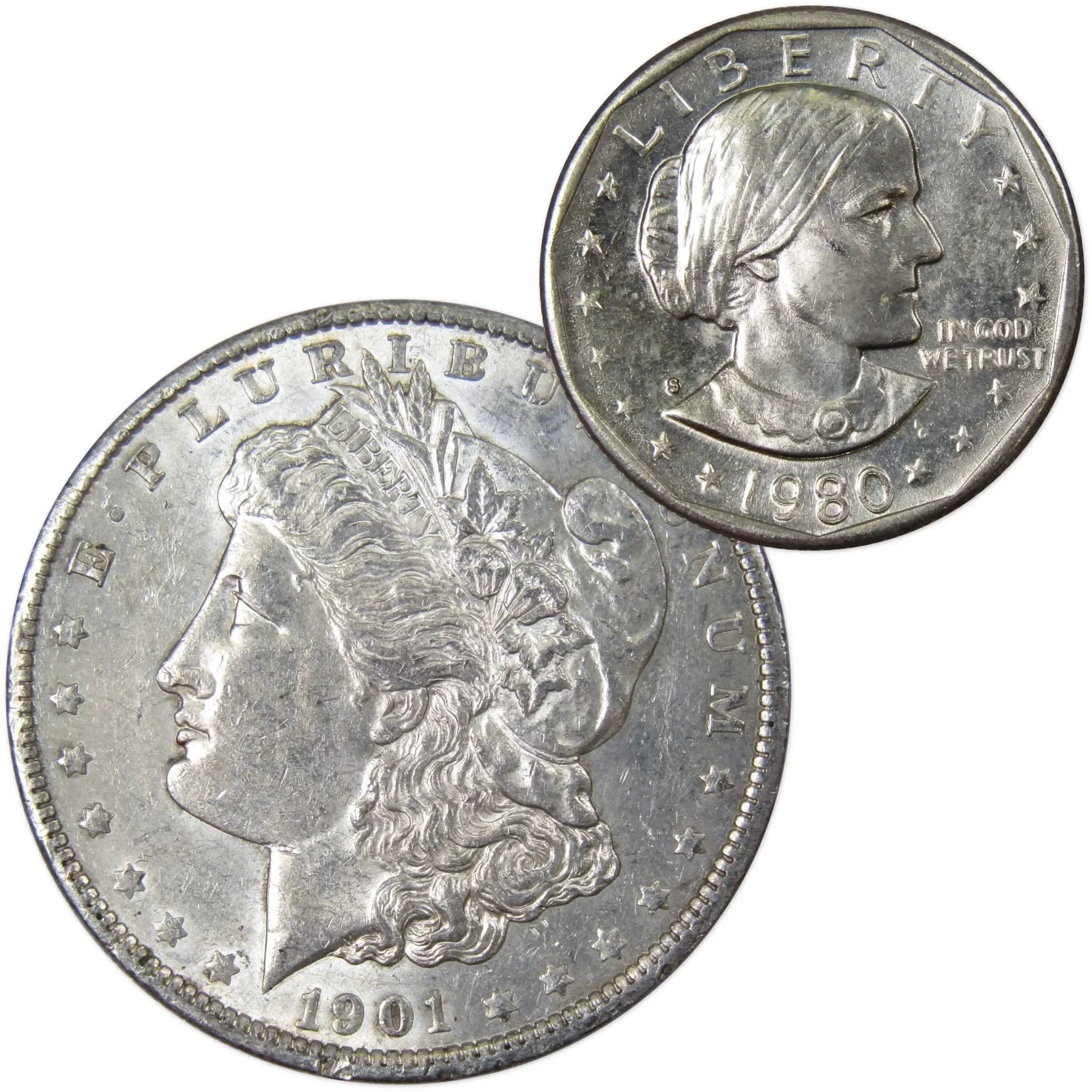 1901 O Morgan Dollar AU About Uncirculated with 1980 S SBA$ BU Uncirculated - Morgan coin - Morgan silver dollar - Morgan silver dollar for sale - Profile Coins & Collectibles
