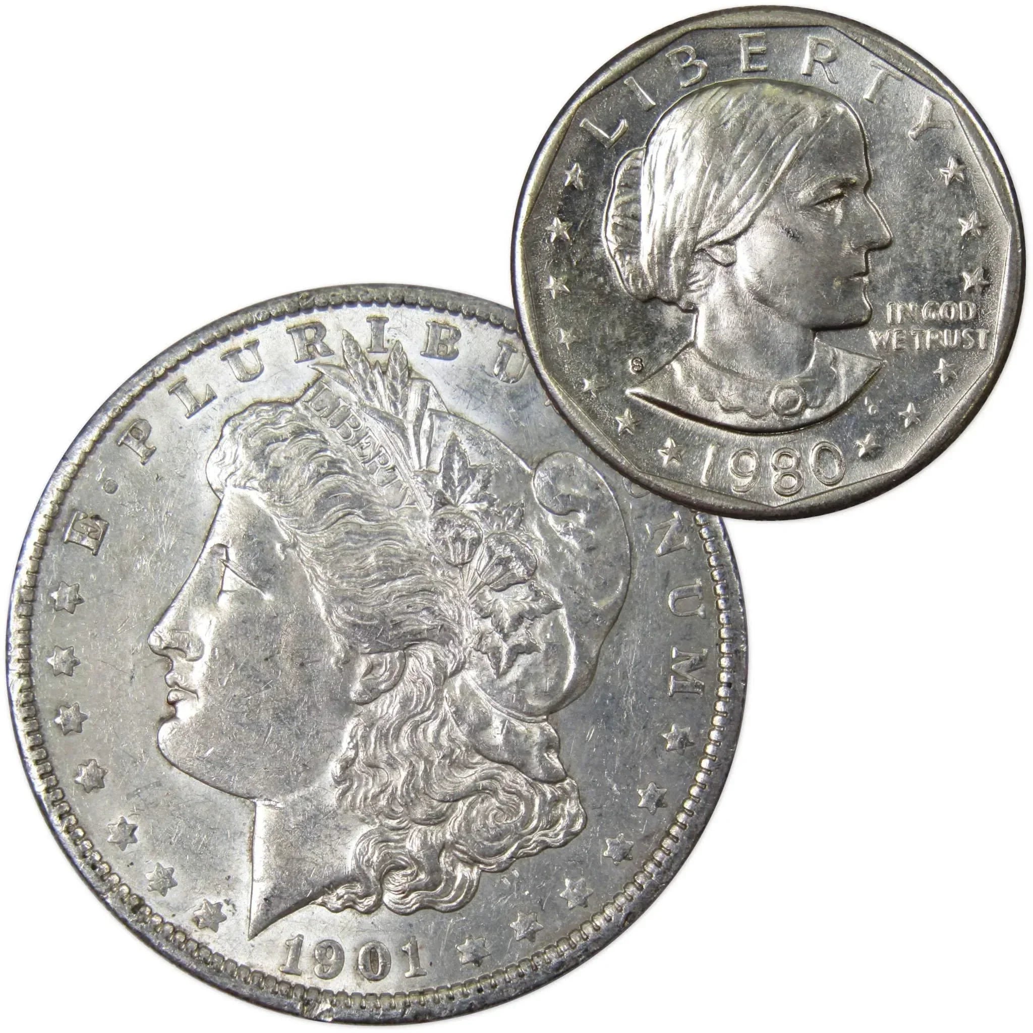 1901 O Morgan Dollar AU About Uncirculated with 1980 S SBA$ BU Uncirculated - Morgan coin - Morgan silver dollar - Morgan silver dollar for sale - Profile Coins & Collectibles