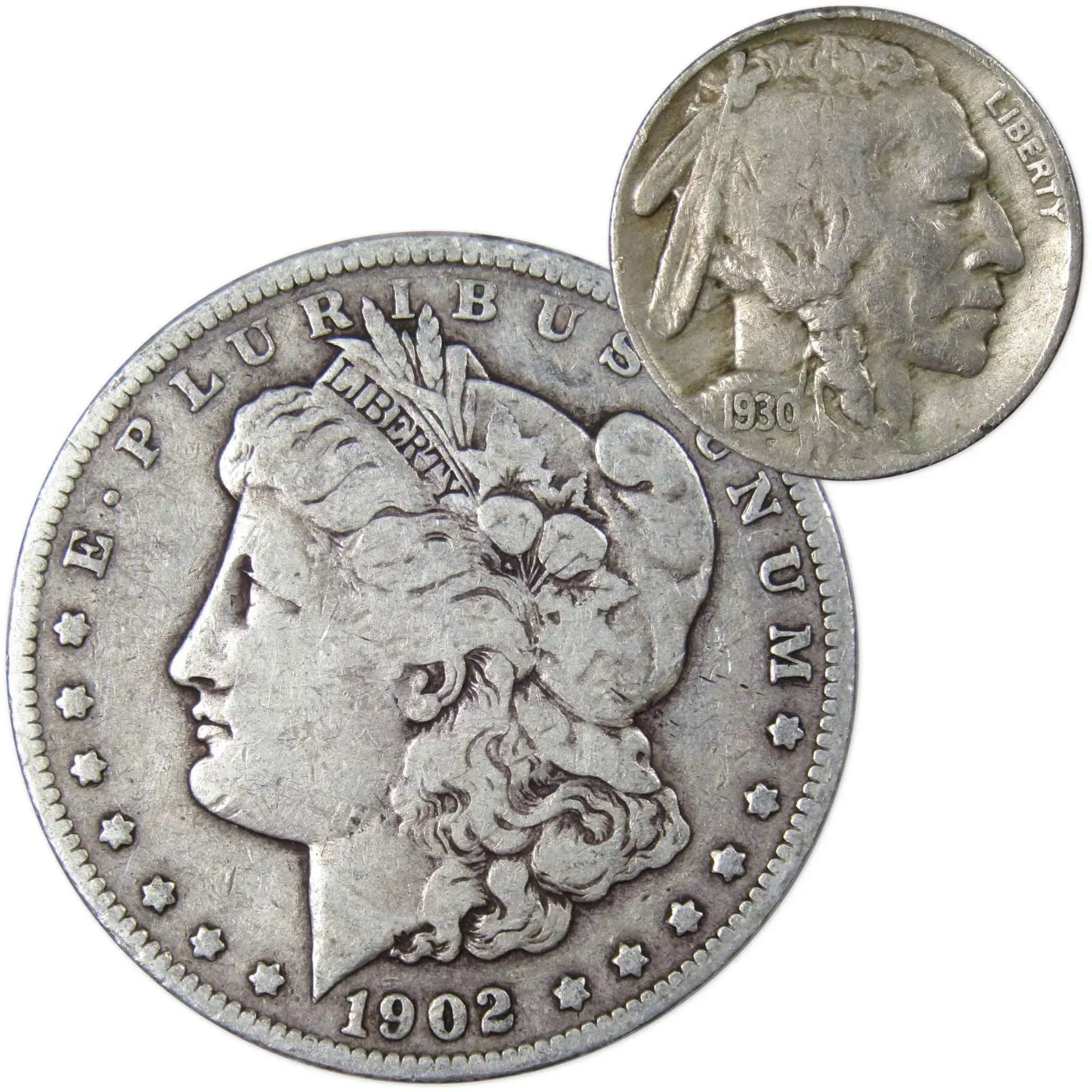 1902 Morgan Dollar VG Very Good 90% Silver with 1930 S Buffalo Nickel F Fine - Morgan coin - Morgan silver dollar - Morgan silver dollar for sale - Profile Coins & Collectibles