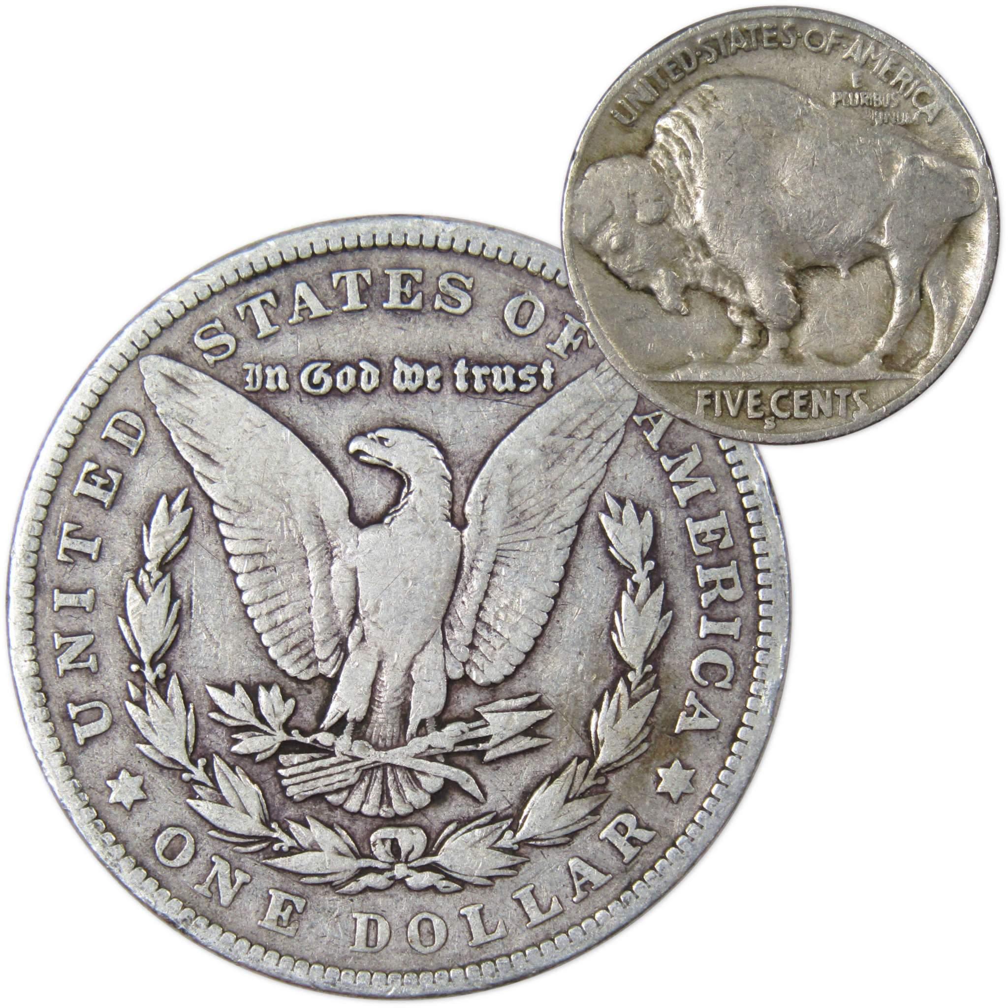 1902 Morgan Dollar VG Very Good 90% Silver with 1930 S Buffalo Nickel F Fine - Morgan coin - Morgan silver dollar - Morgan silver dollar for sale - Profile Coins & Collectibles