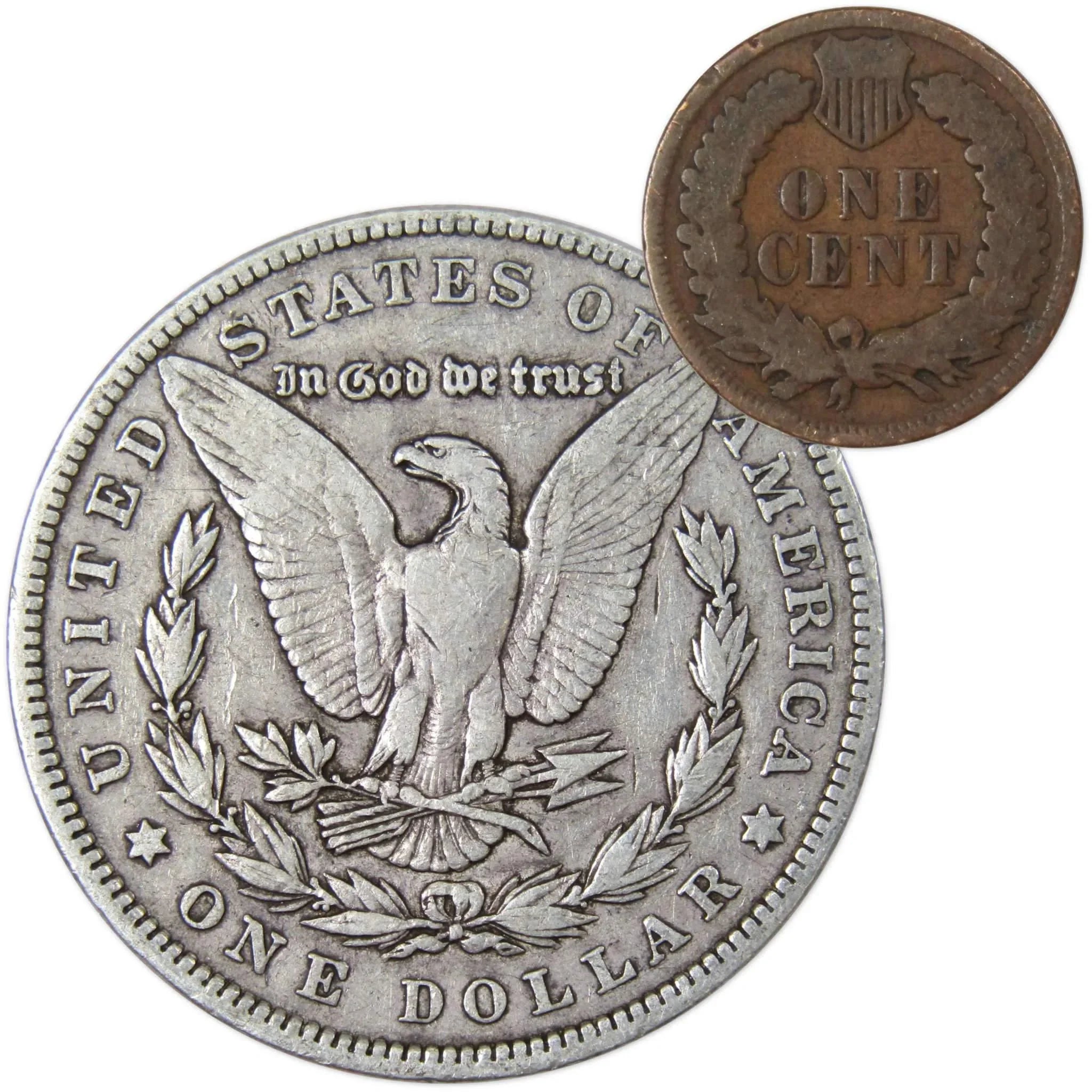 1902 Morgan Dollar F Fine 90% Silver Coin with 1900 Indian Head Cent G Good - Morgan coin - Morgan silver dollar - Morgan silver dollar for sale - Profile Coins & Collectibles