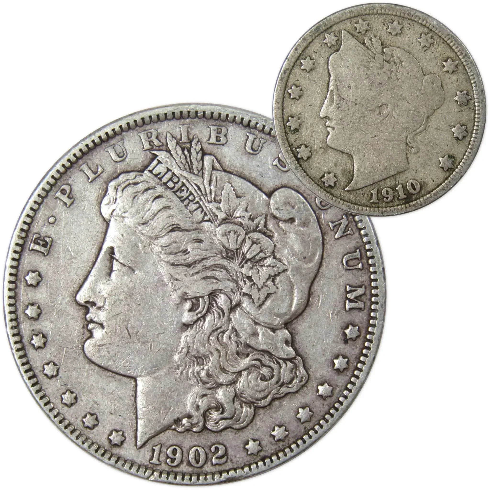 1902 Morgan Dollar VF Very Fine 90% Silver Coin with 1910 Liberty Nickel G Good - Morgan coin - Morgan silver dollar - Morgan silver dollar for sale - Profile Coins & Collectibles
