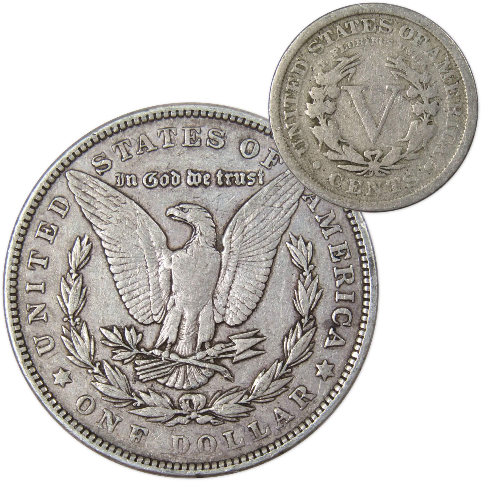 1902 Morgan Dollar VF Very Fine 90% Silver Coin with 1910 Liberty Nickel G Good - Morgan coin - Morgan silver dollar - Morgan silver dollar for sale - Profile Coins & Collectibles