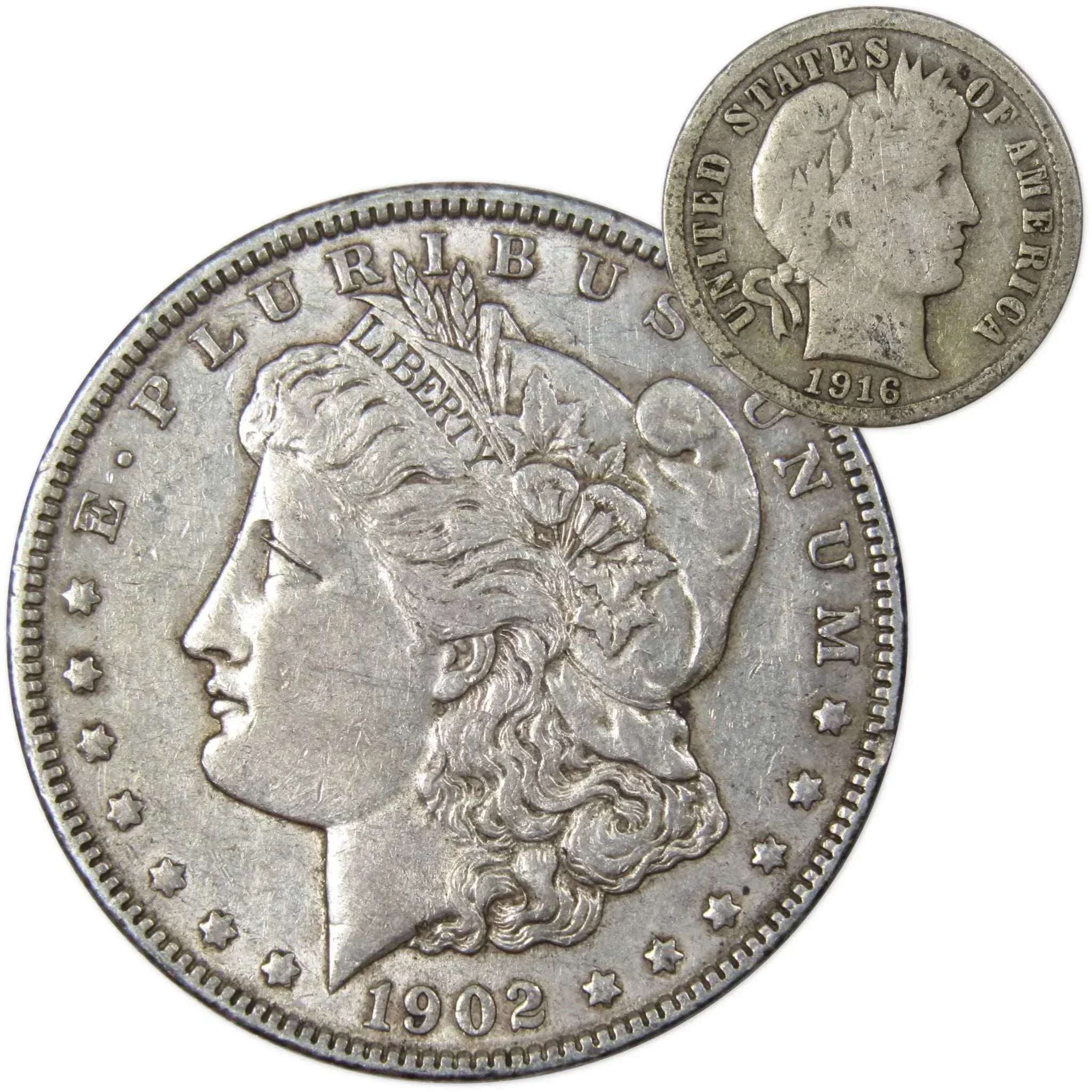 1902 Morgan Dollar XF EF Extremely Fine 90% Silver with 1916 Barber Dime G Good - Morgan coin - Morgan silver dollar - Morgan silver dollar for sale - Profile Coins & Collectibles