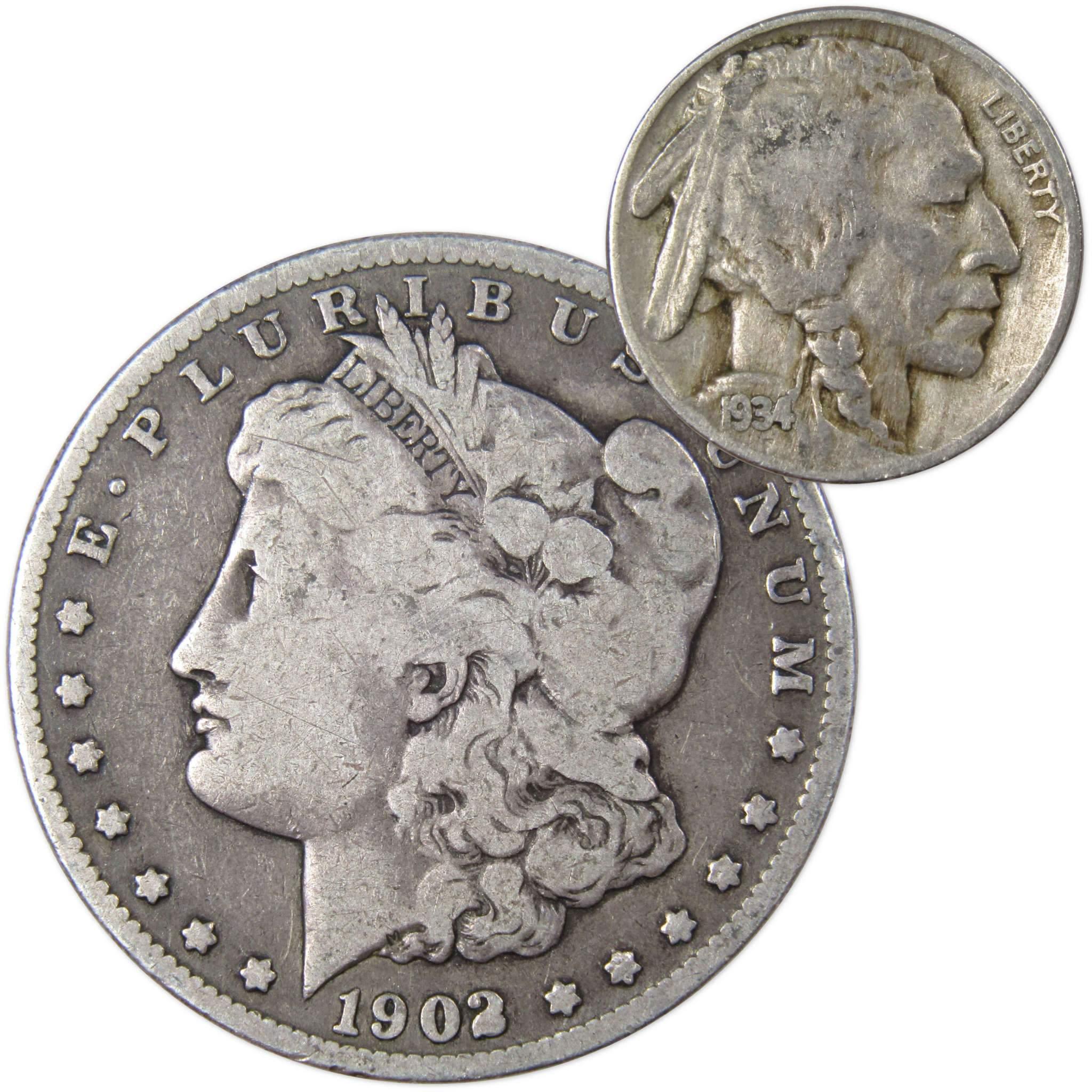 1902 O Morgan Dollar VG Very Good 90% Silver with 1934 Buffalo Nickel F Fine - Morgan coin - Morgan silver dollar - Morgan silver dollar for sale - Profile Coins & Collectibles