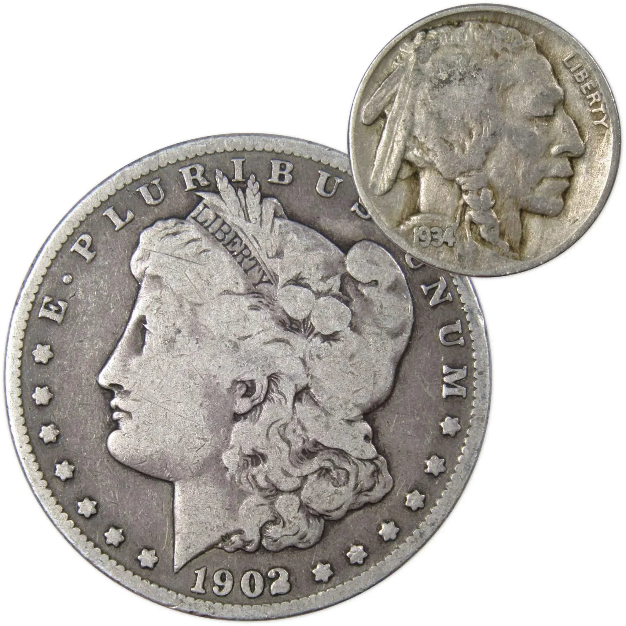 1902 O Morgan Dollar VG Very Good 90% Silver with 1934 Buffalo Nickel F Fine - Morgan coin - Morgan silver dollar - Morgan silver dollar for sale - Profile Coins & Collectibles