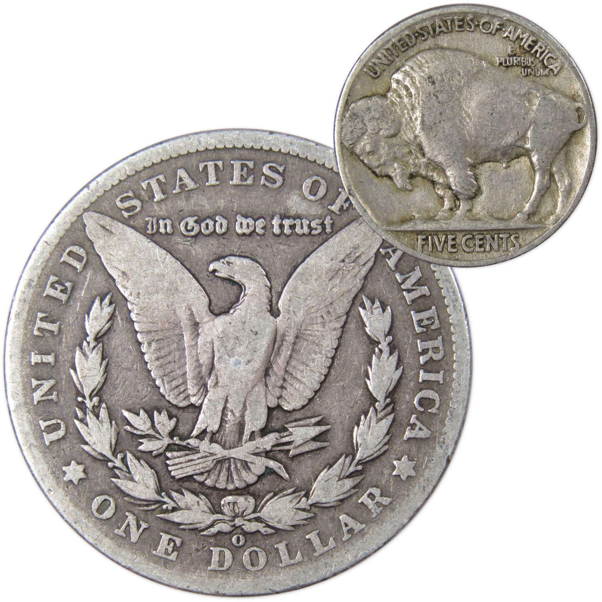 1902 O Morgan Dollar VG Very Good 90% Silver with 1934 Buffalo Nickel F Fine - Morgan coin - Morgan silver dollar - Morgan silver dollar for sale - Profile Coins & Collectibles