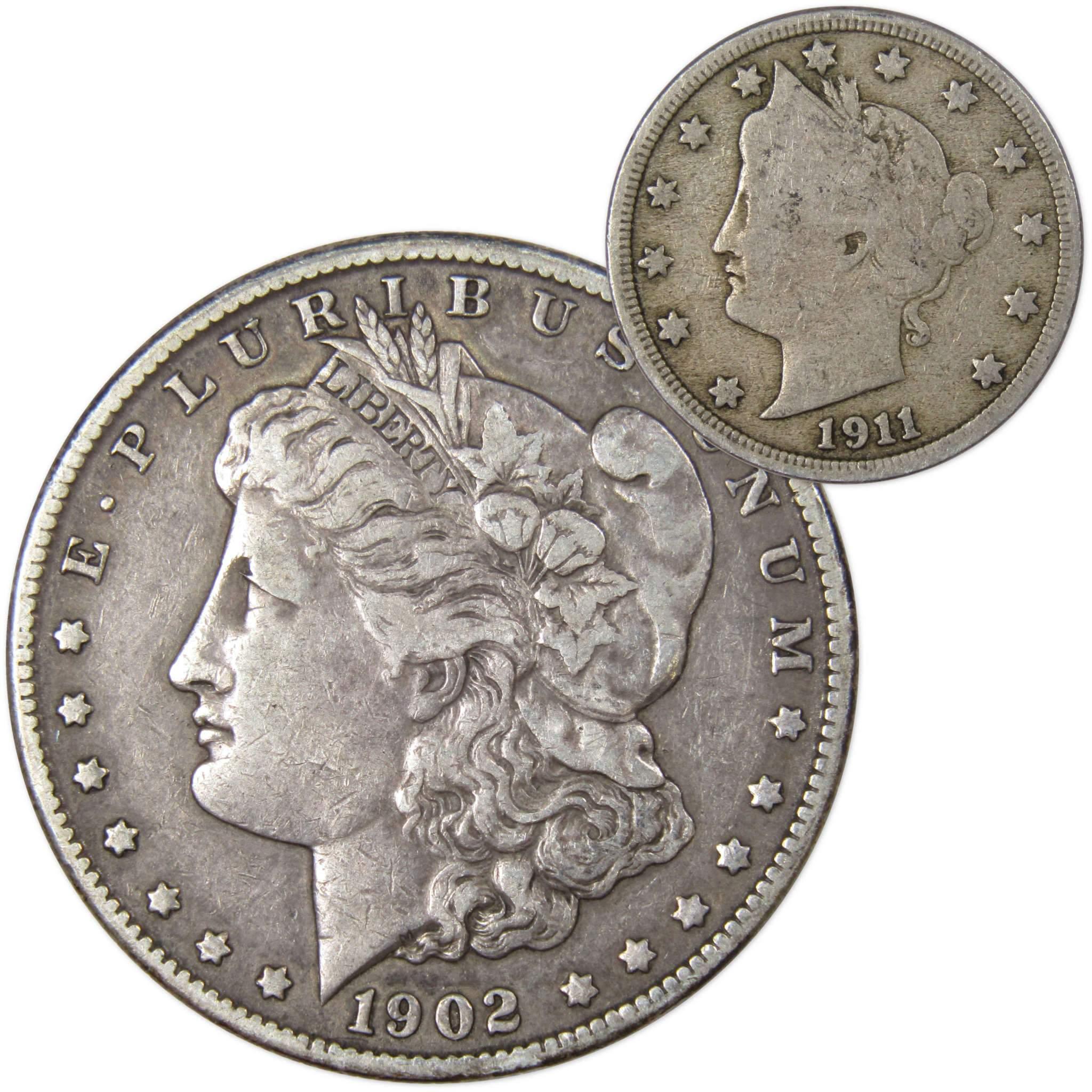 1902 O Morgan Dollar VF Very Fine 90% Silver with 1911 Liberty Nickel G Good - Morgan coin - Morgan silver dollar - Morgan silver dollar for sale - Profile Coins & Collectibles