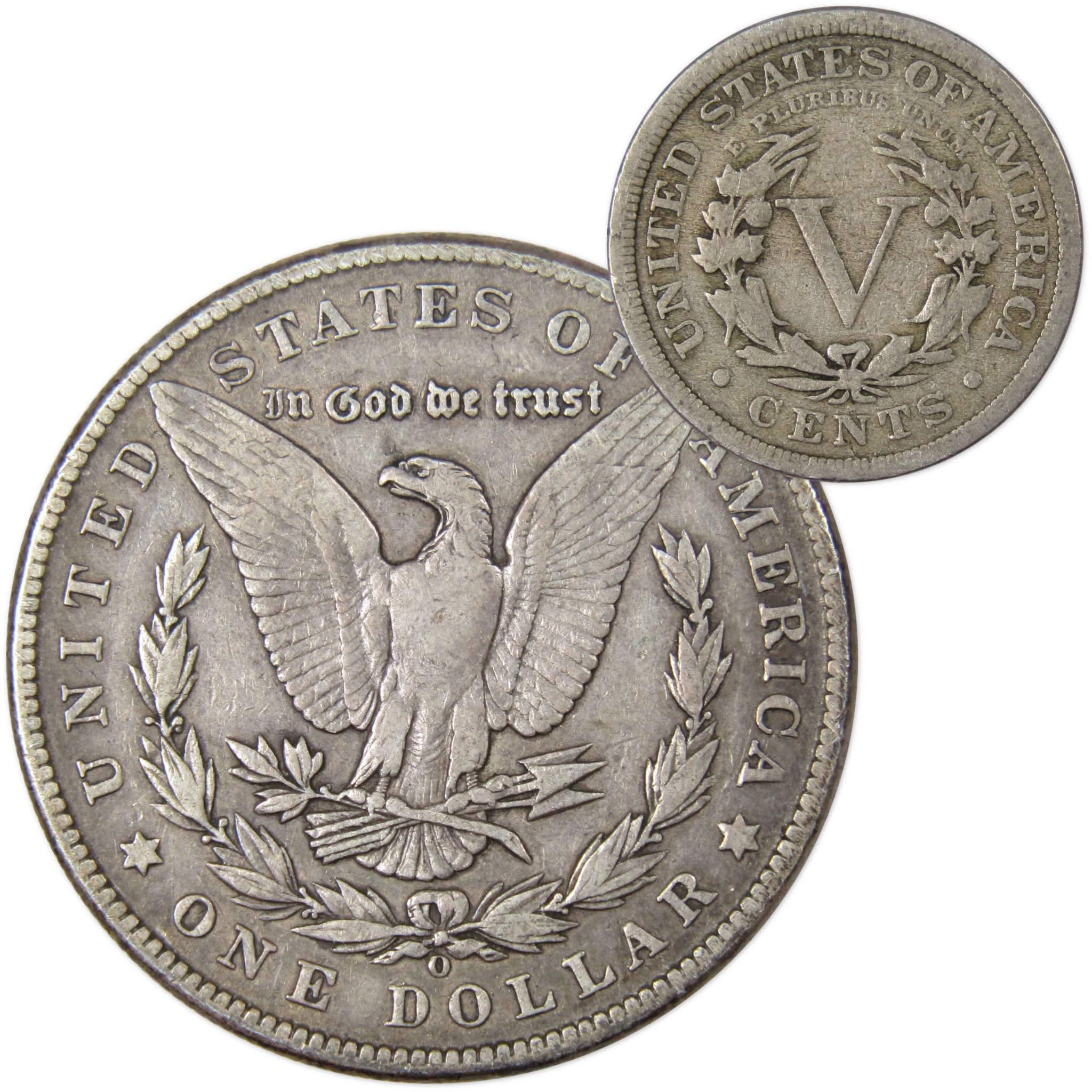1902 O Morgan Dollar VF Very Fine 90% Silver with 1911 Liberty Nickel G Good - Morgan coin - Morgan silver dollar - Morgan silver dollar for sale - Profile Coins & Collectibles