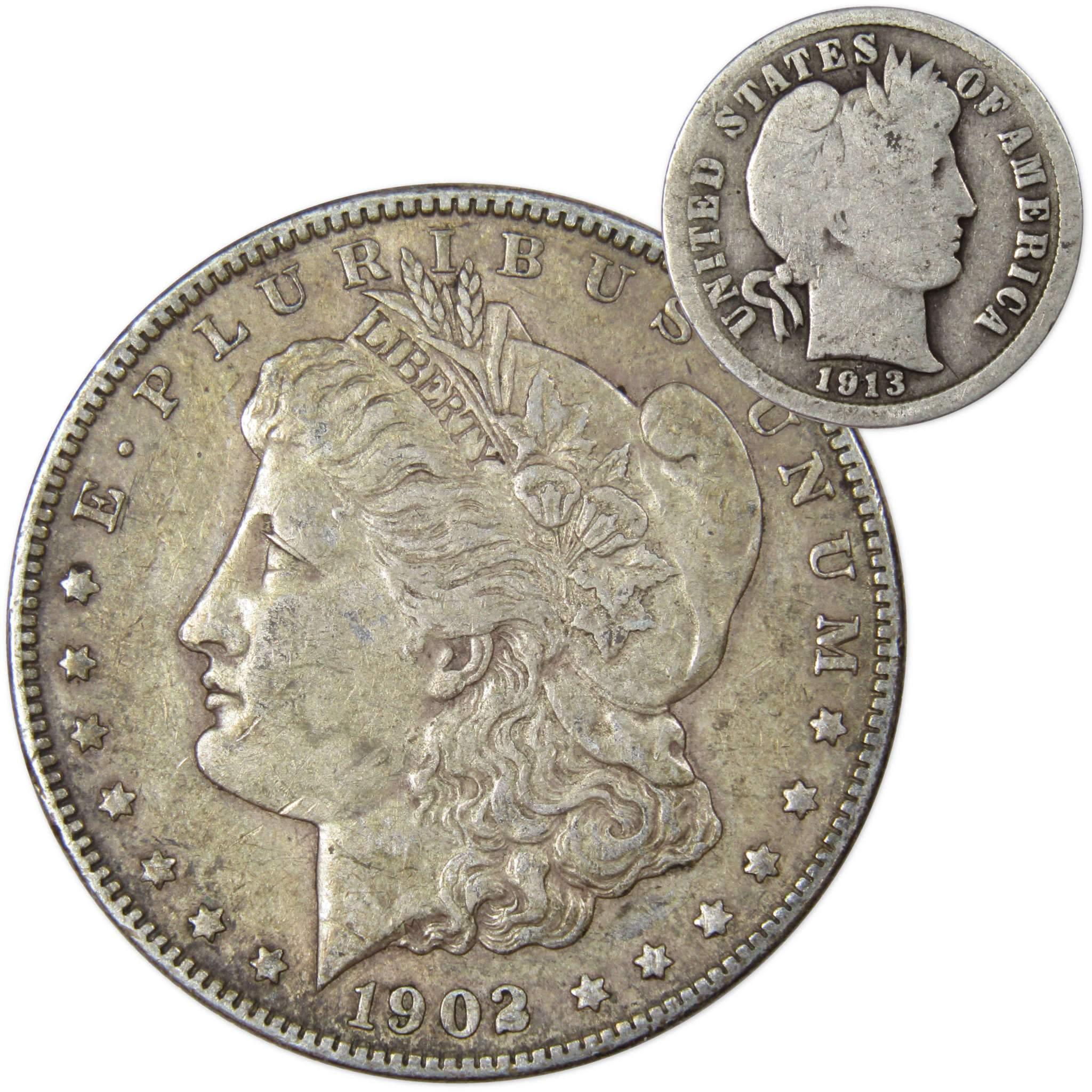 1902 O Morgan Dollar XF EF Extremely Fine with 1913 Barber Dime G Good - Morgan coin - Morgan silver dollar - Morgan silver dollar for sale - Profile Coins & Collectibles