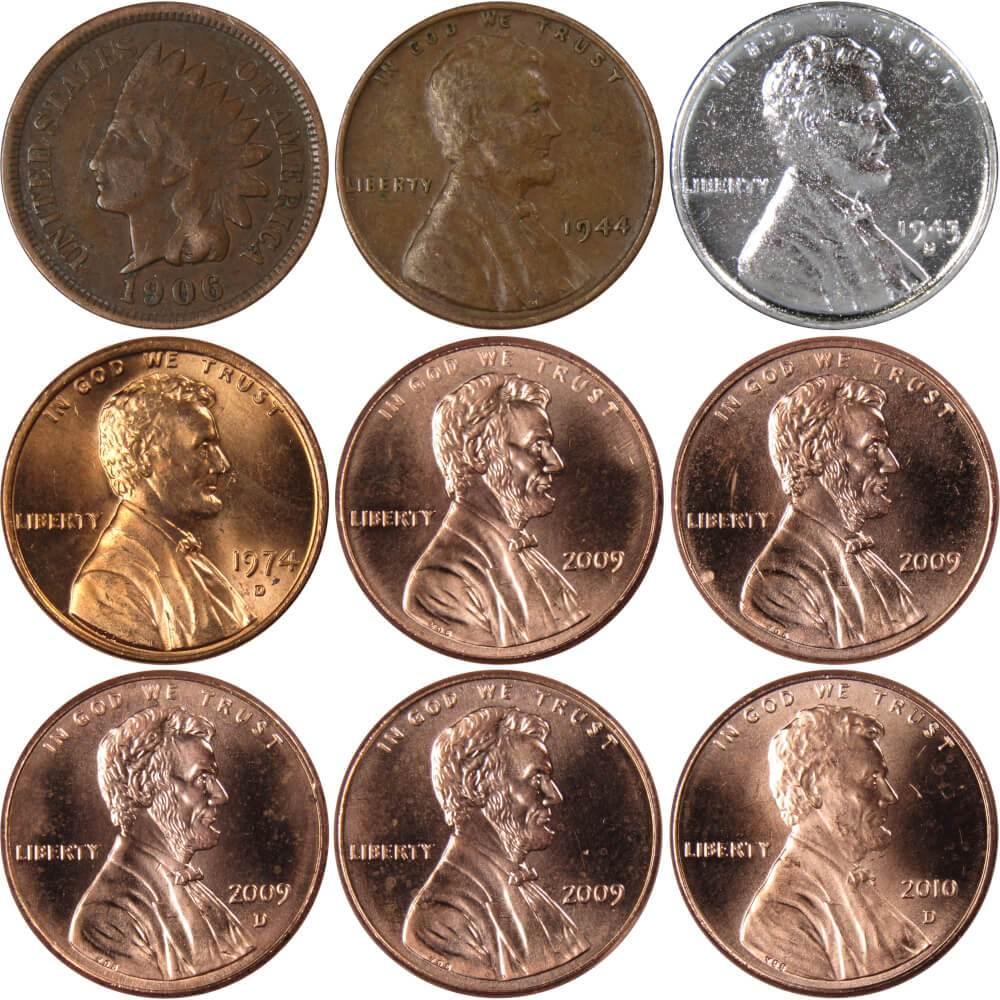 150 Years of Penny Designs Indian and Lincoln Cent 9 Coin Set 1c Collectible
