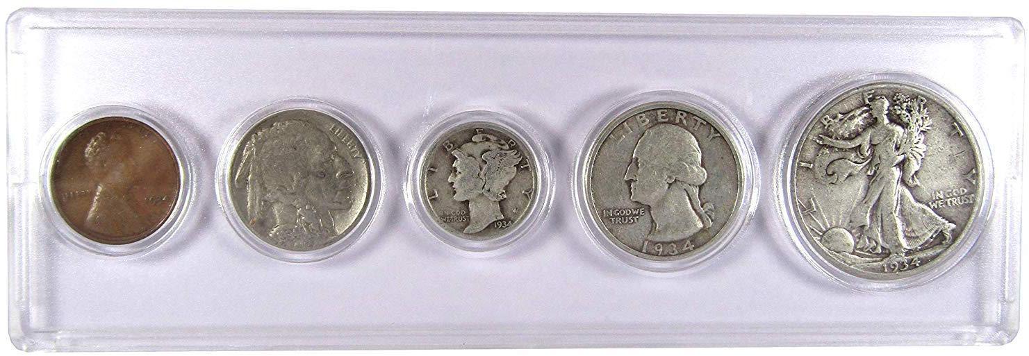 1934 Year Set 5 Coins in AG About Good or Better Condition Collectible Gift Set
