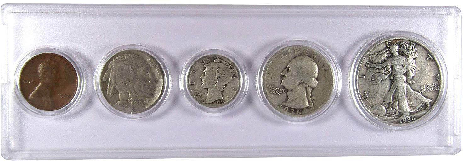1936 Year Set 5 Coins in AG About Good or Better Condition Collectible Gift Set