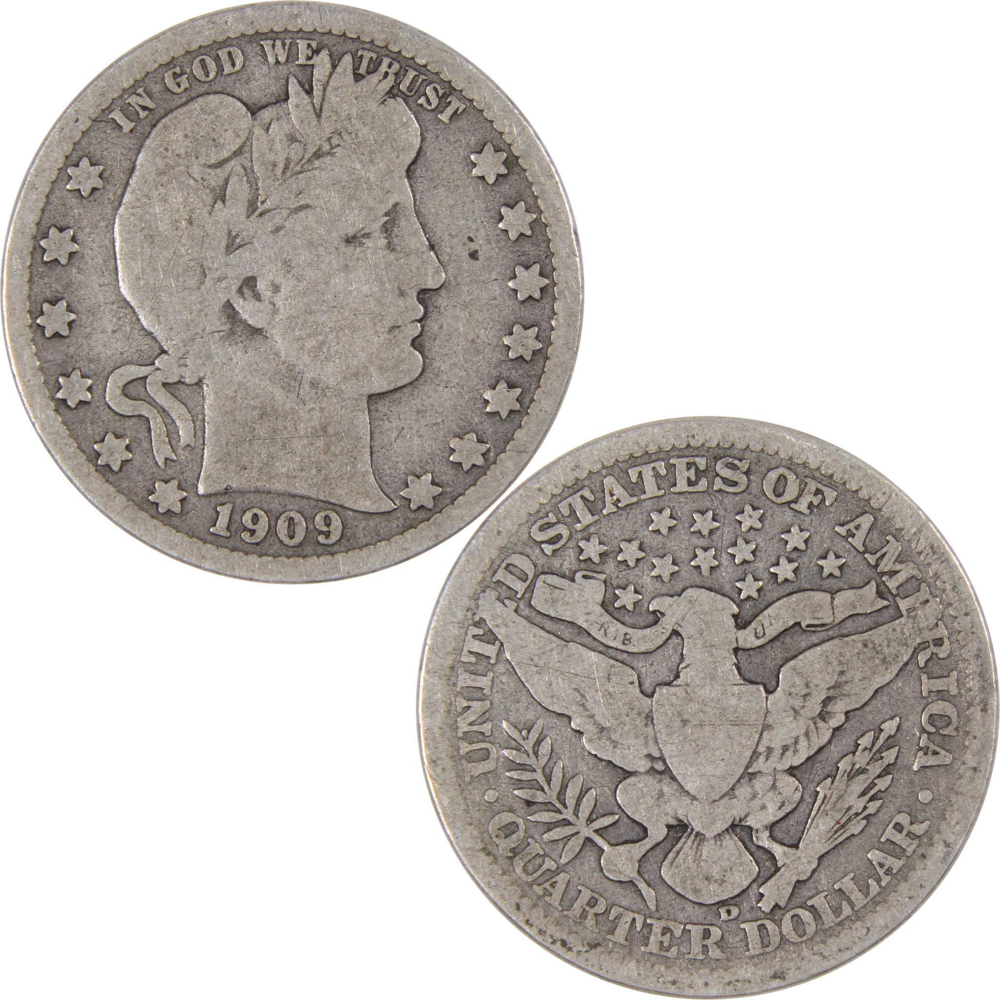 1909 D Barber Quarter G Good 90% Silver 25c US Type Coin Collectible