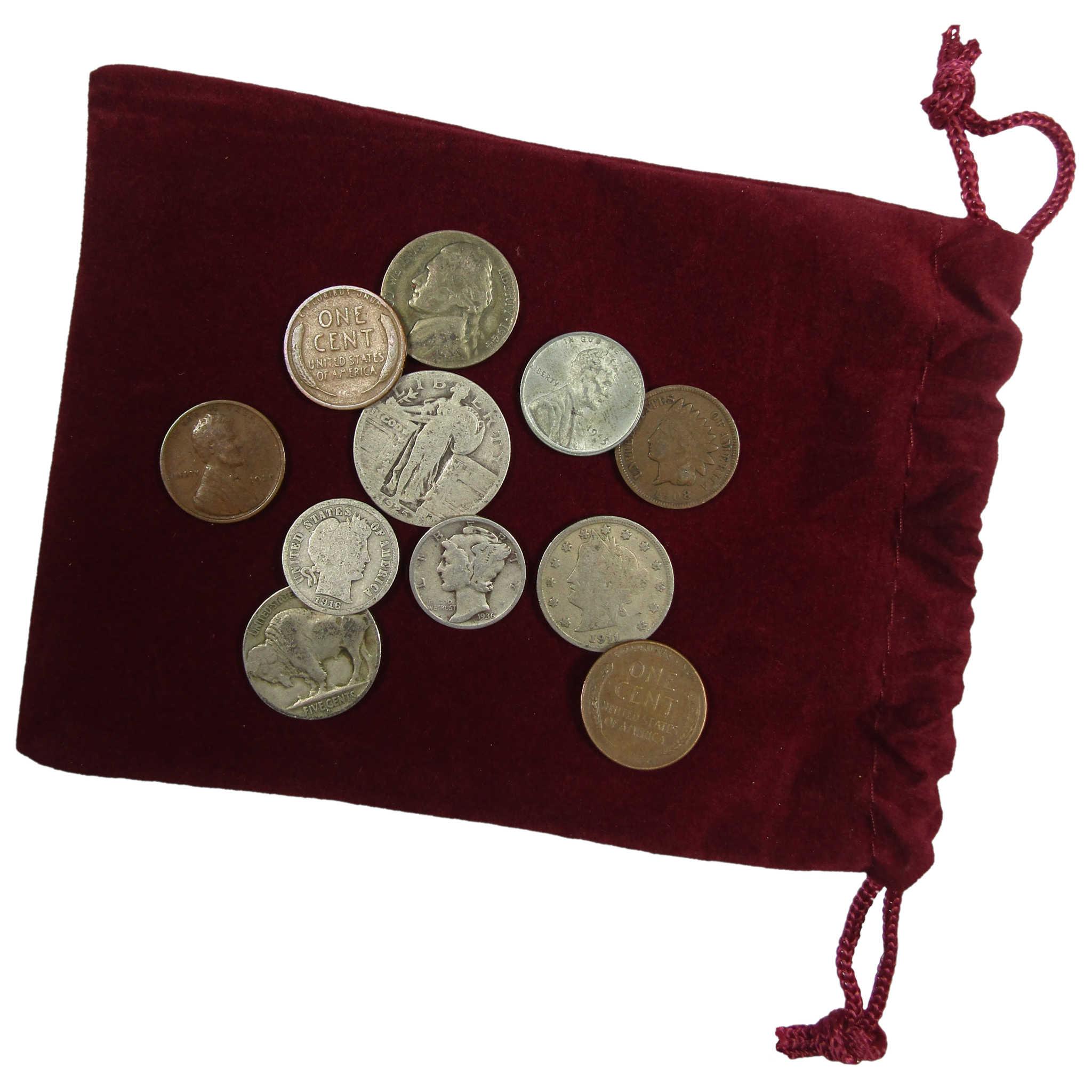 11 Classic Coin Grab Bag of Historic U.S. Coins with Burgundy Velour Pouch