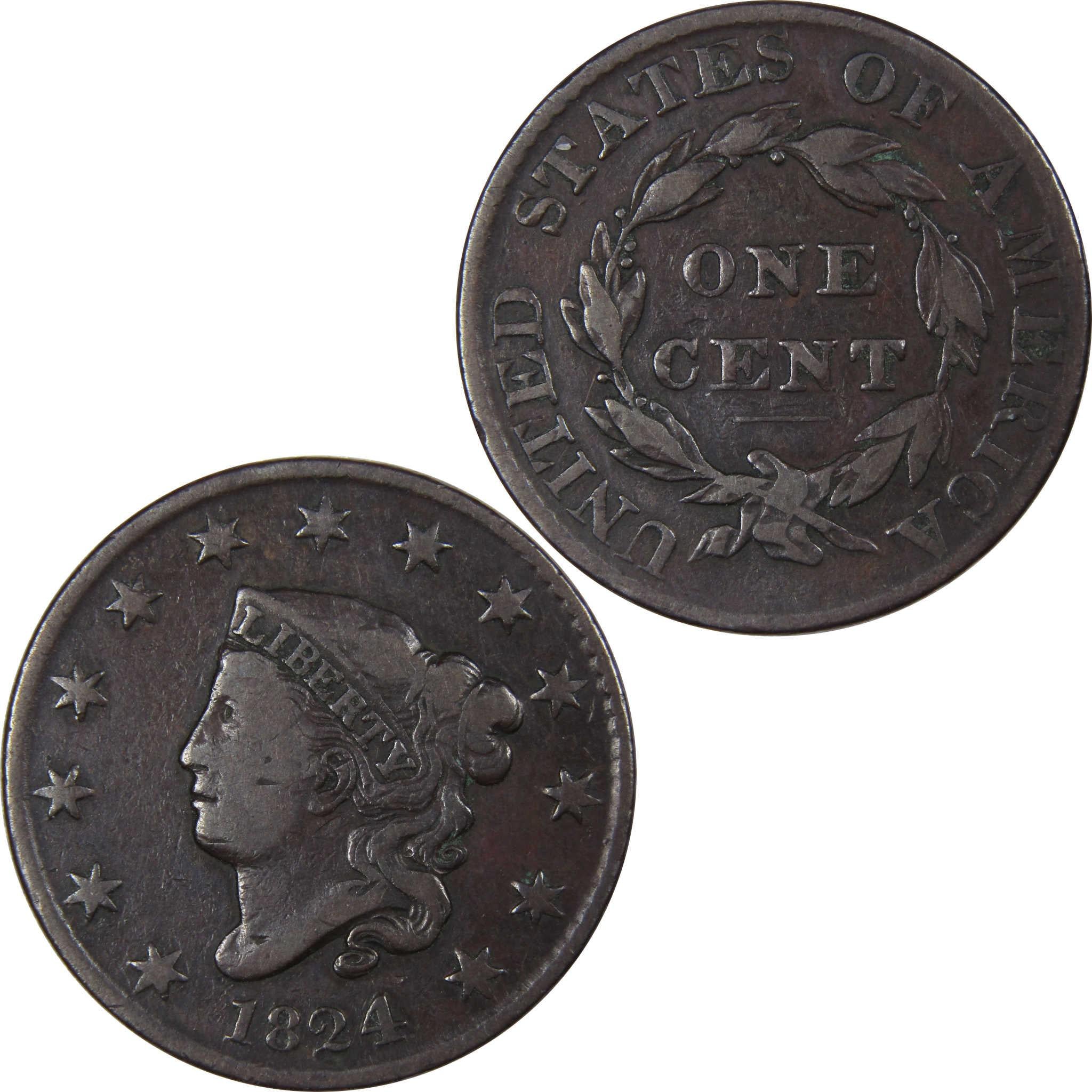 1824 Coronet Head Large Cent VF Very Fine Copper Penny 1c SKU:IPC8543