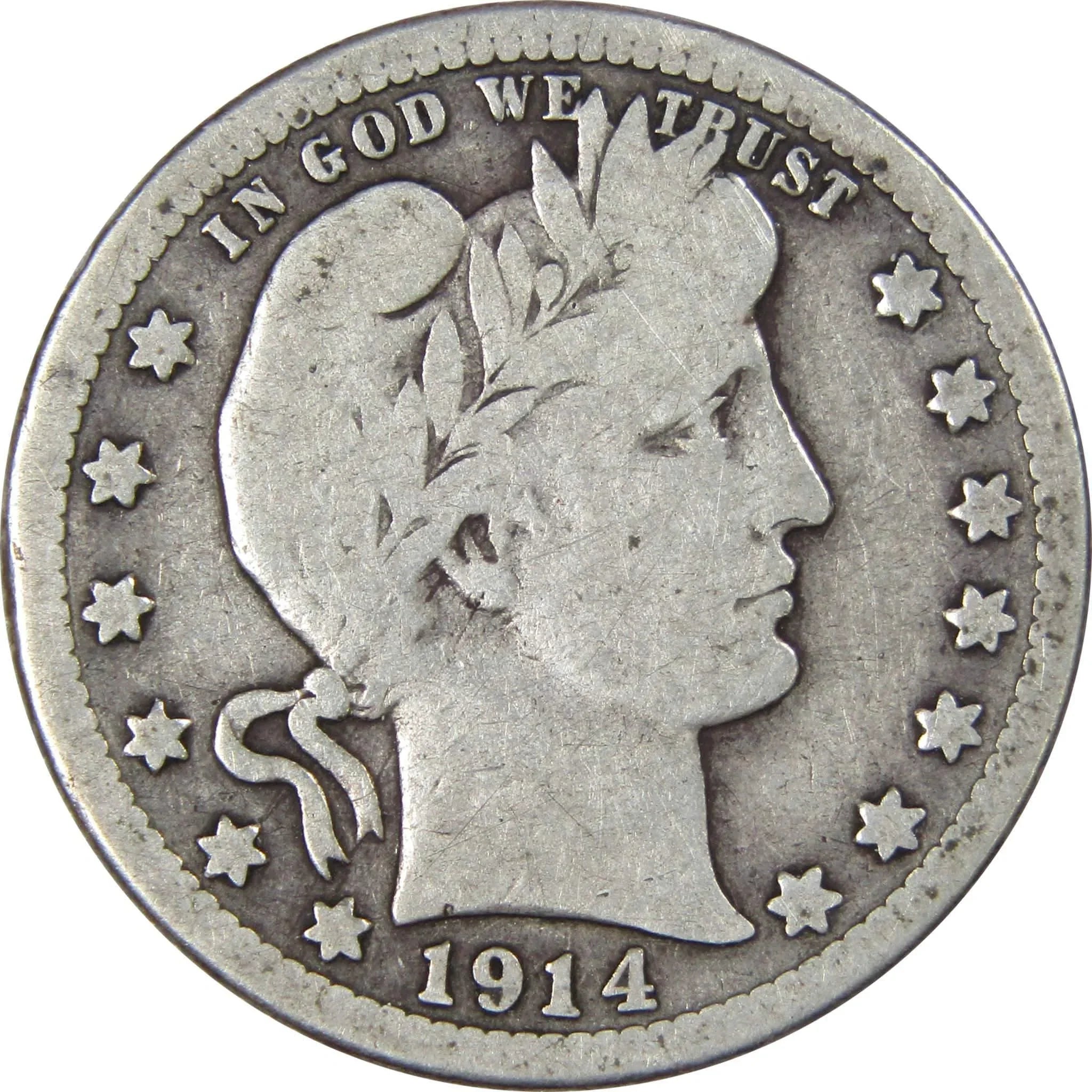 1914 S Barber Quarter VG Very Good 90% Silver 25c SKU:IPC2251