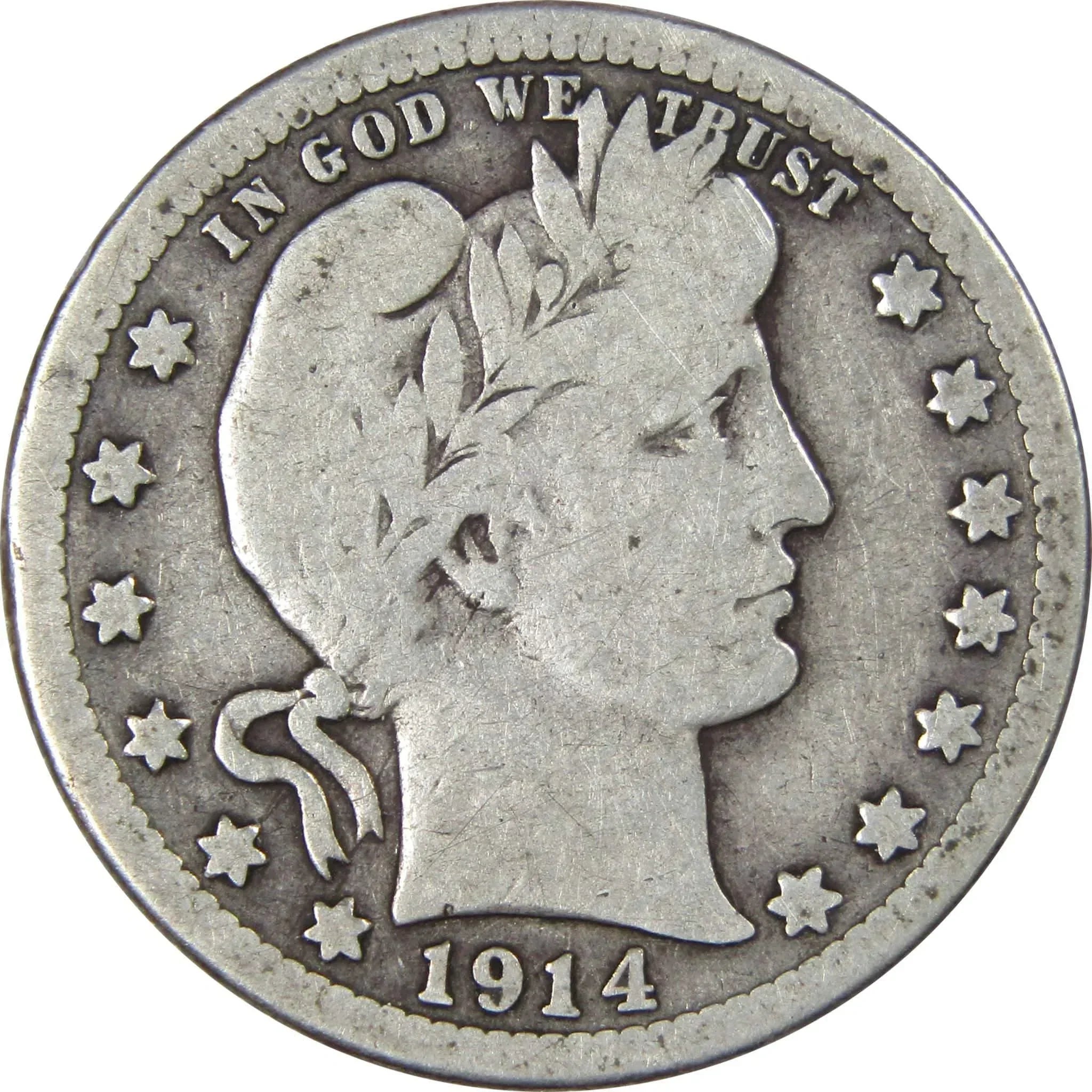 1914 S Barber Quarter VG Very Good 90% Silver 25c SKU:IPC2251