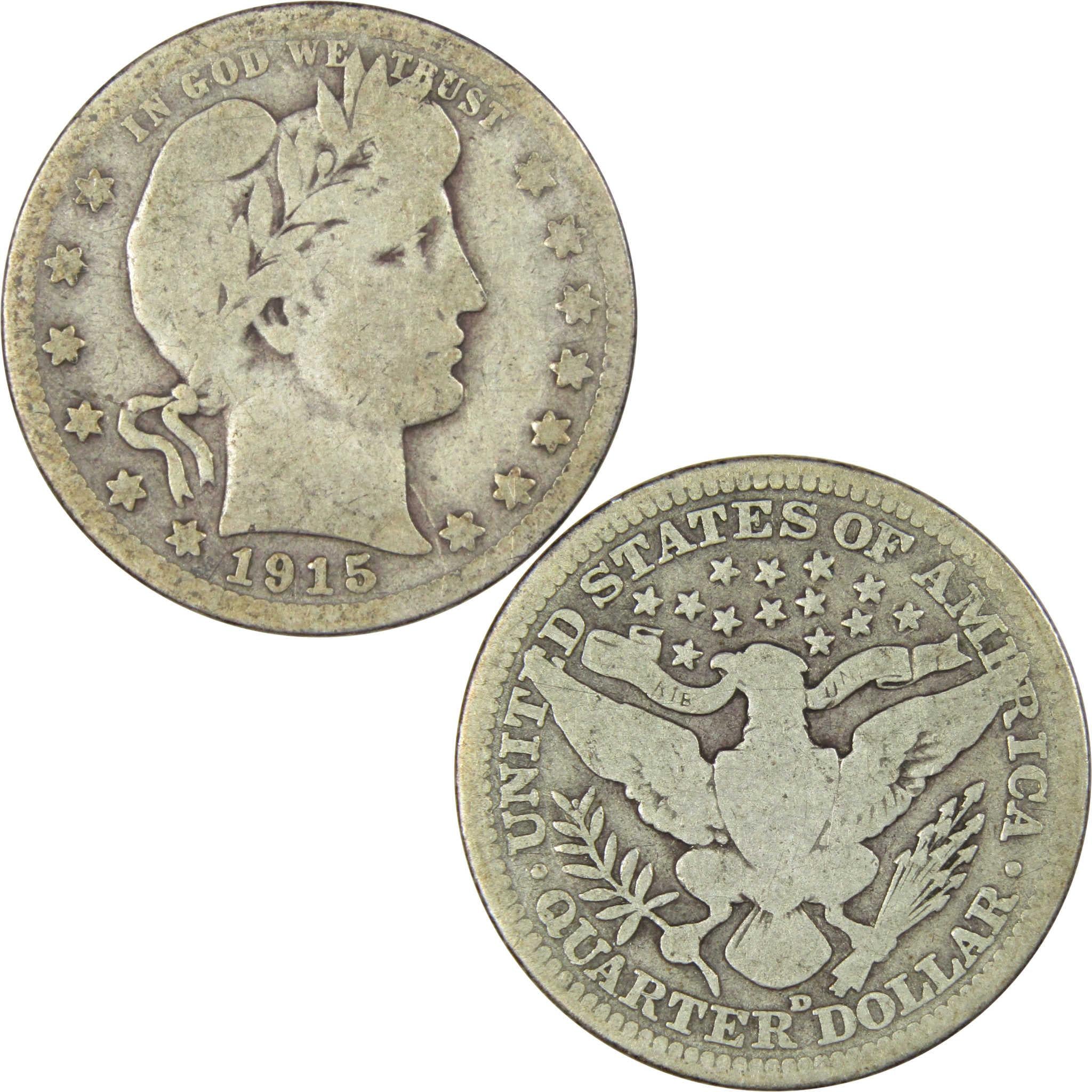 1915 D Barber Quarter AG About Good 90% Silver 25c US Type Coin Collectible